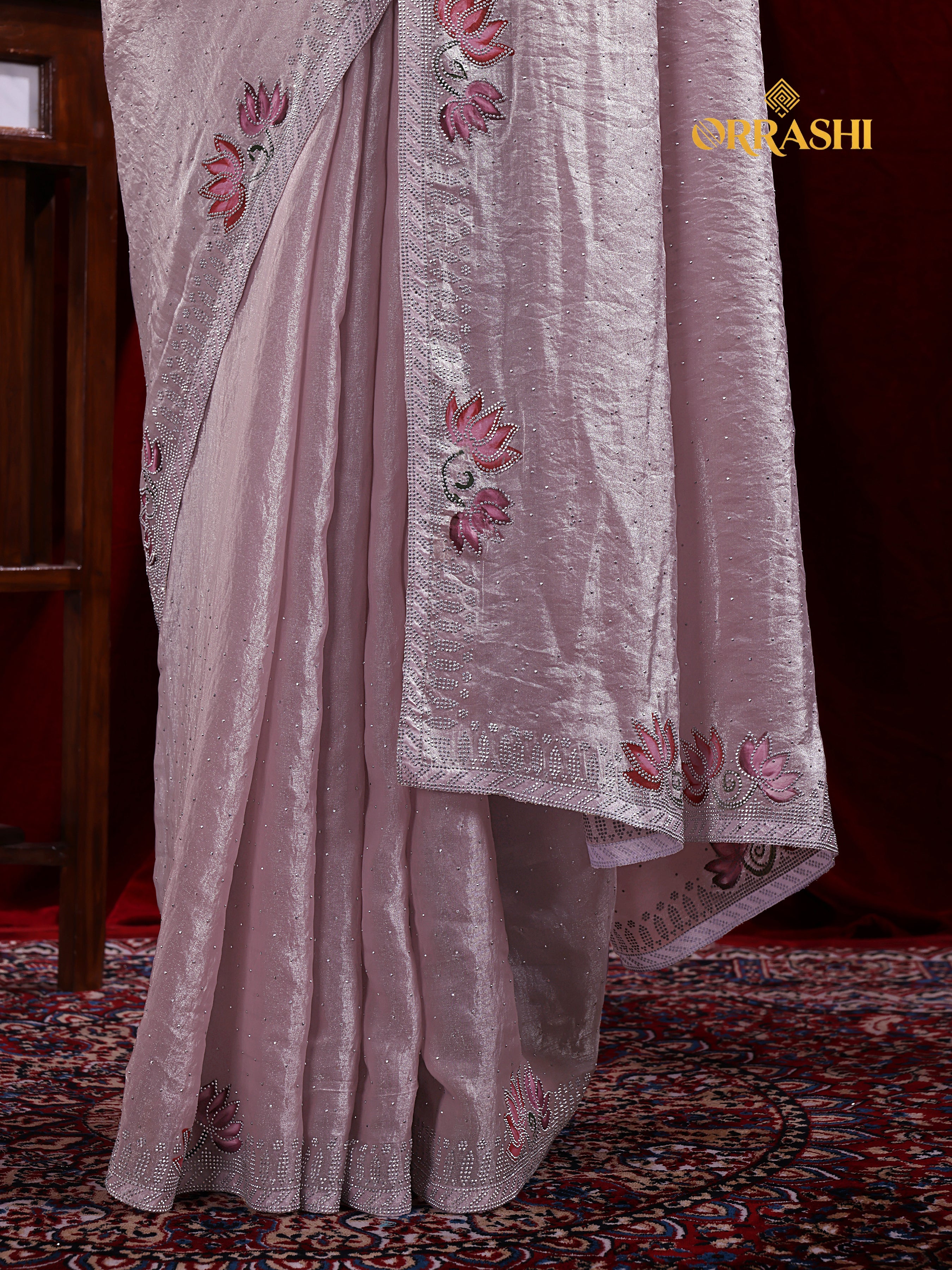 LOTUS PRINTED SIROSKI WORK FENDY SATIN SILK SAREE