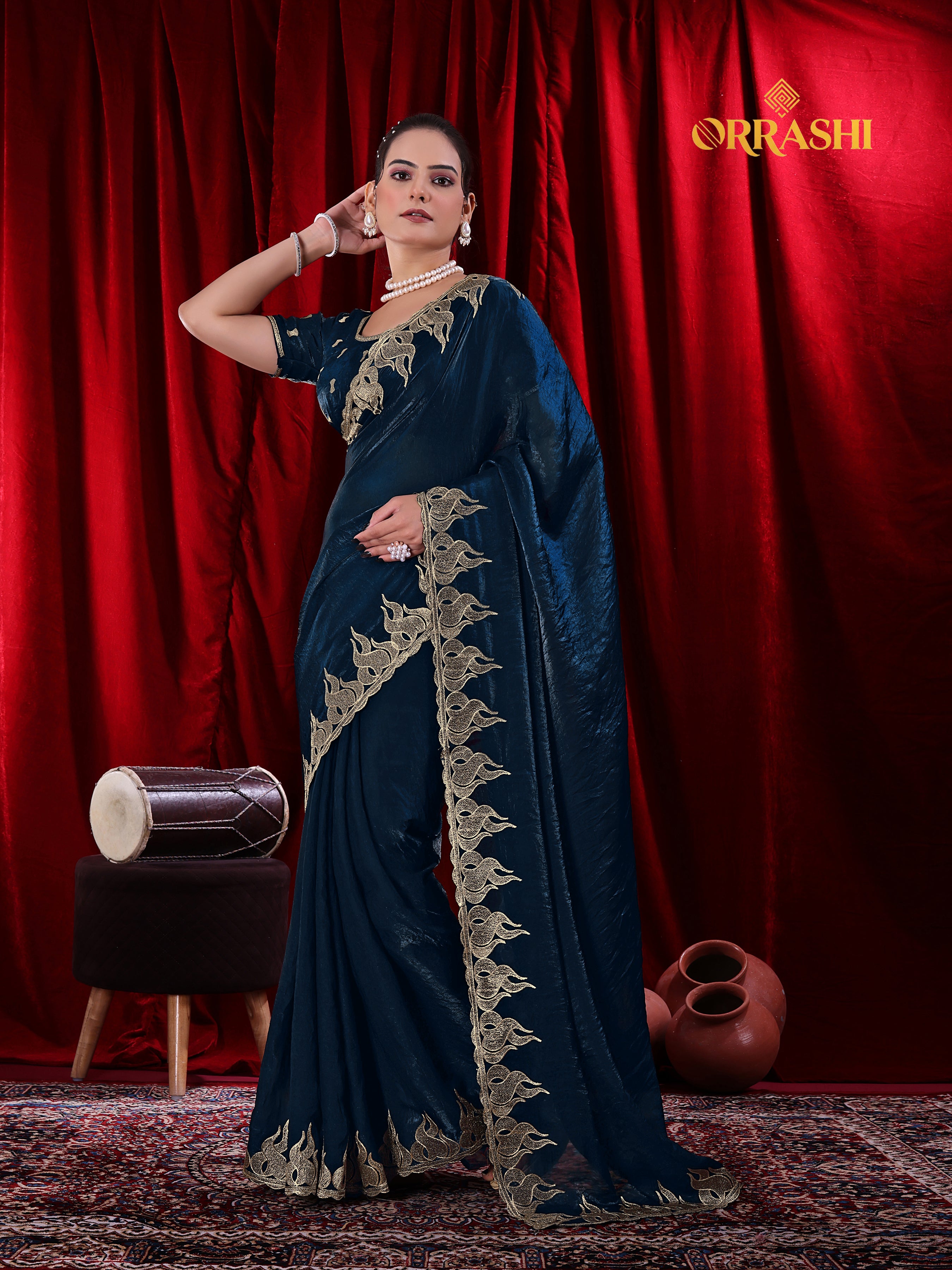 FIRE EMBROIDERIED WORK FENDY SATIN SILK