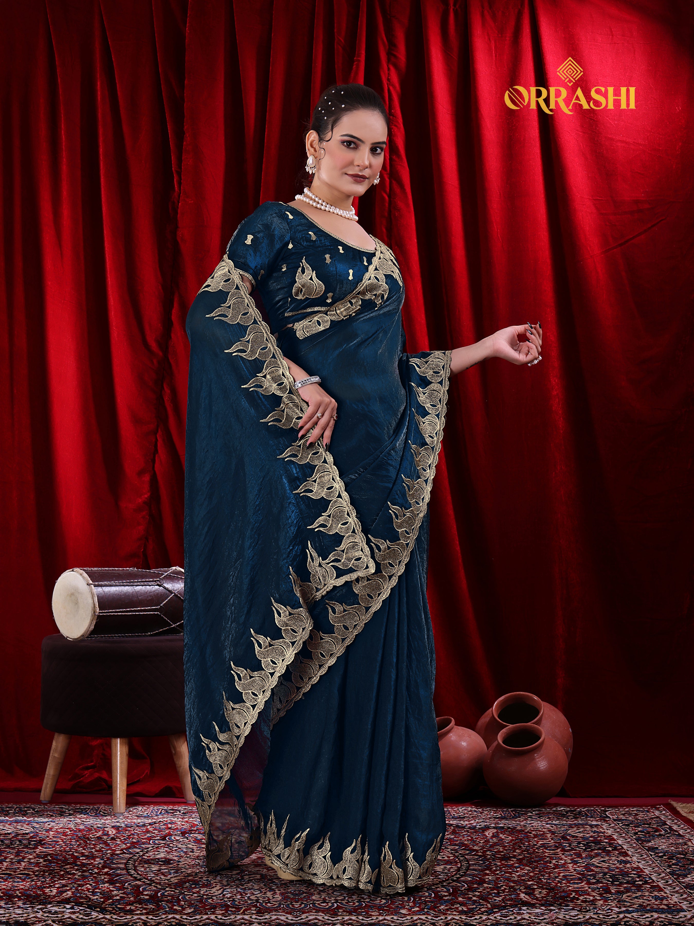 FIRE EMBROIDERIED WORK FENDY SATIN SILK