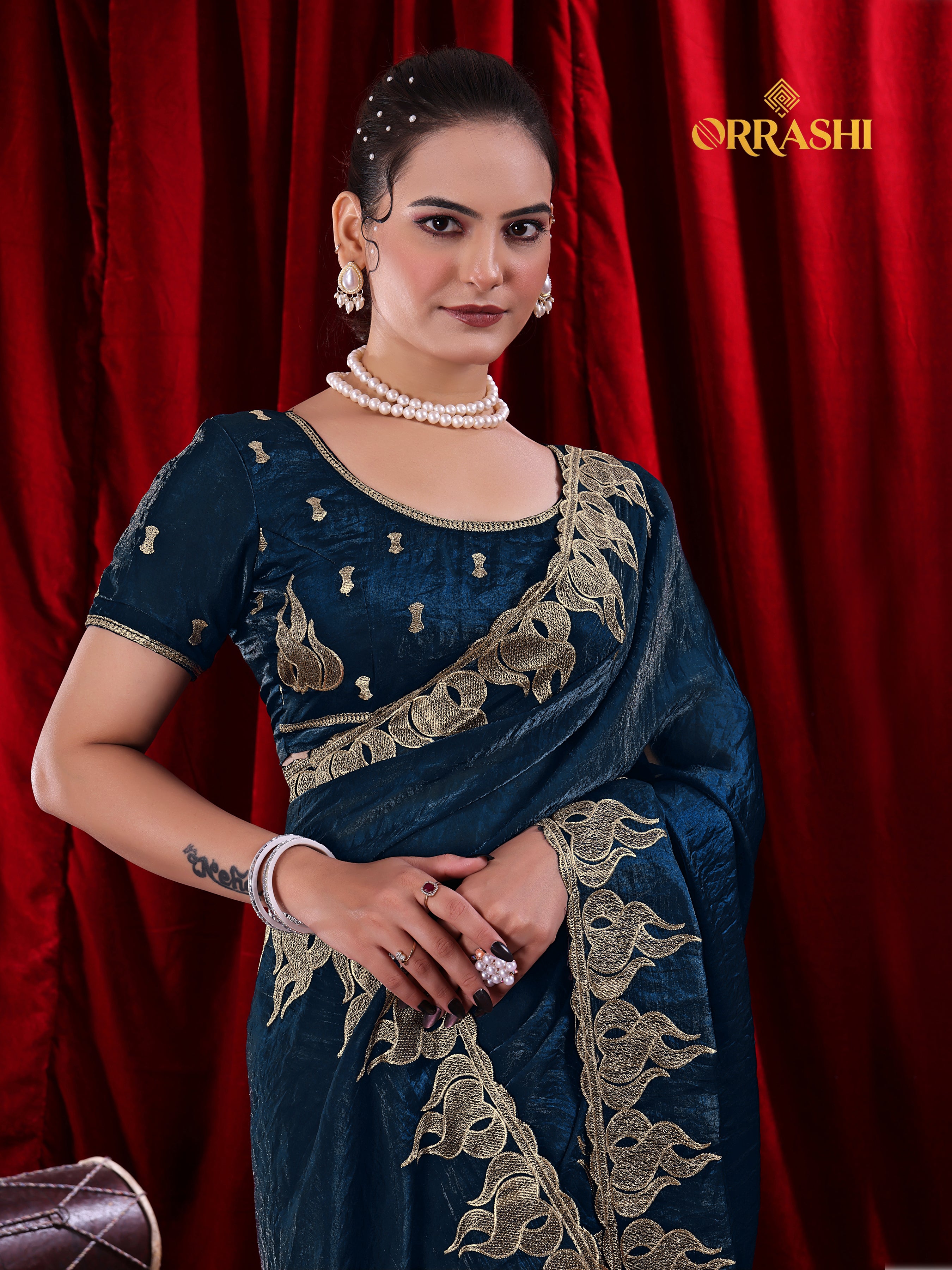 FIRE EMBROIDERIED WORK FENDY SATIN SILK