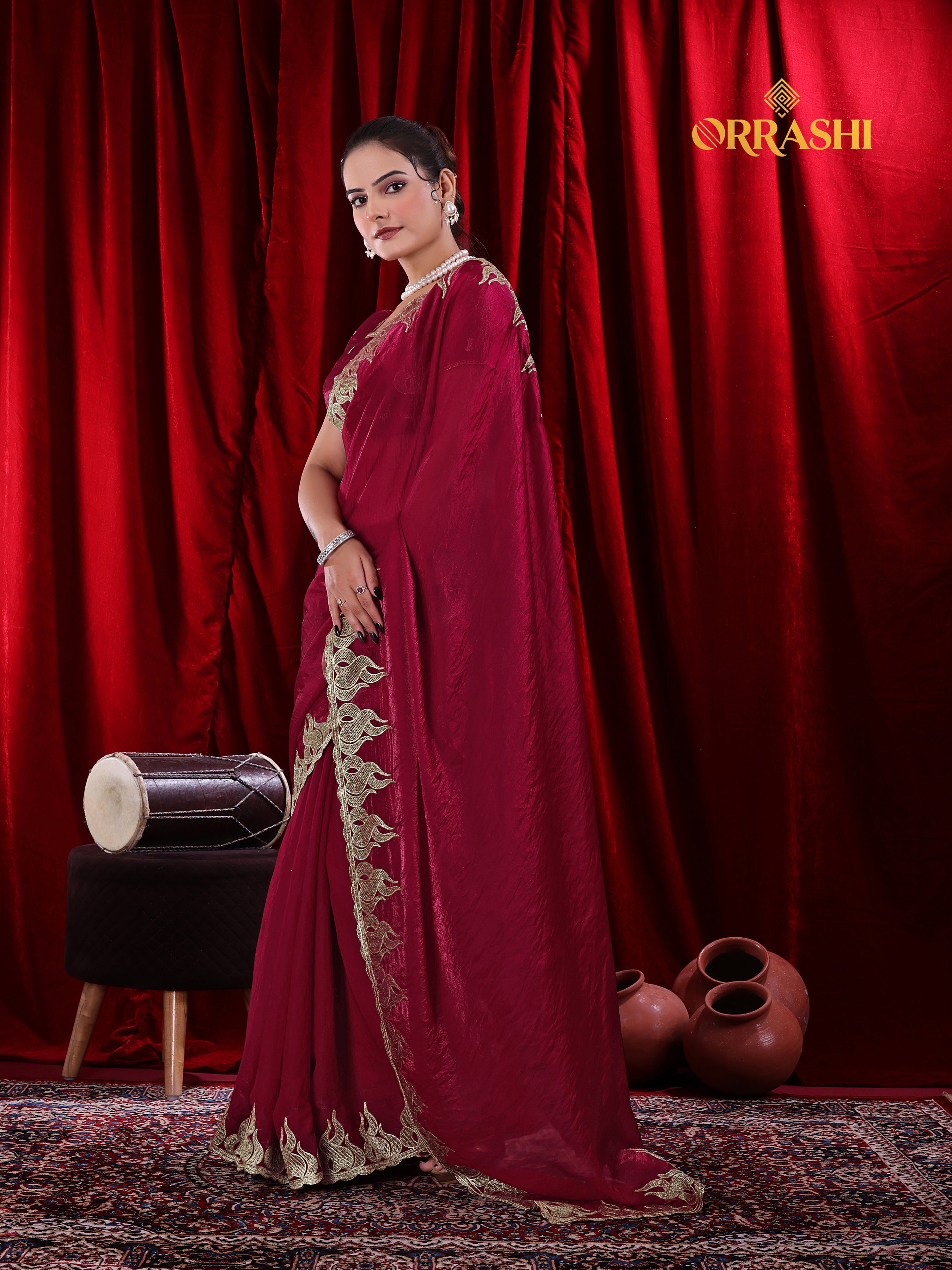 FIRE EMBROIDERIED WORK FENDY SATIN SILK