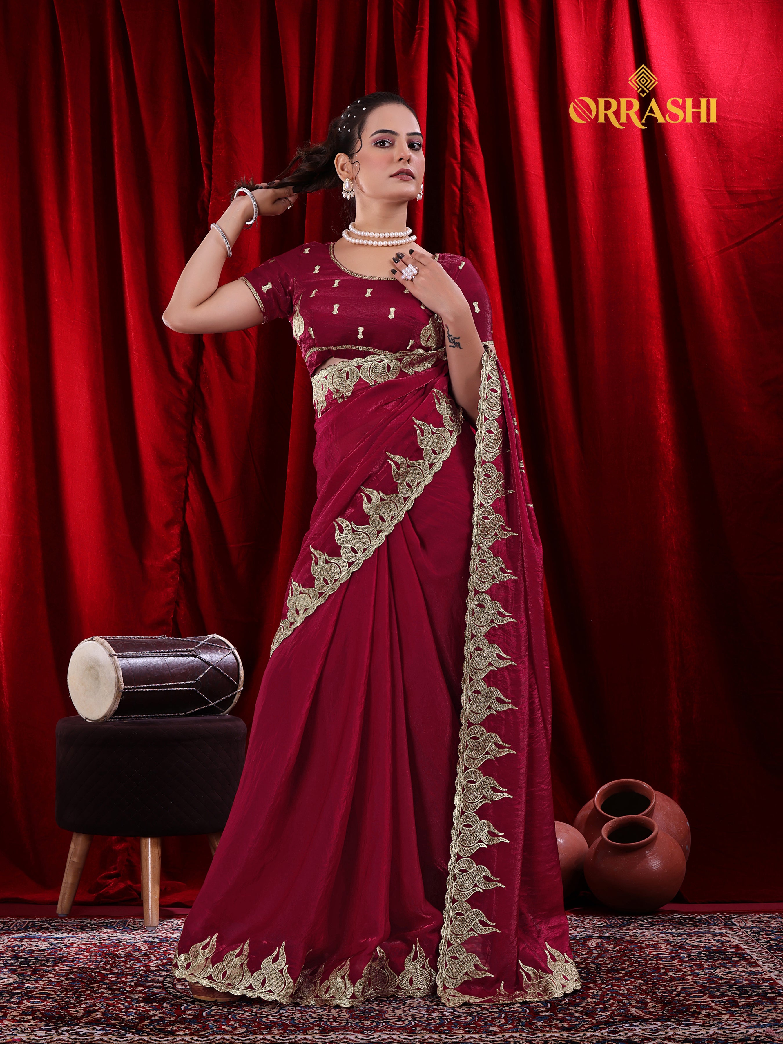 FIRE EMBROIDERIED WORK FENDY SATIN SILK