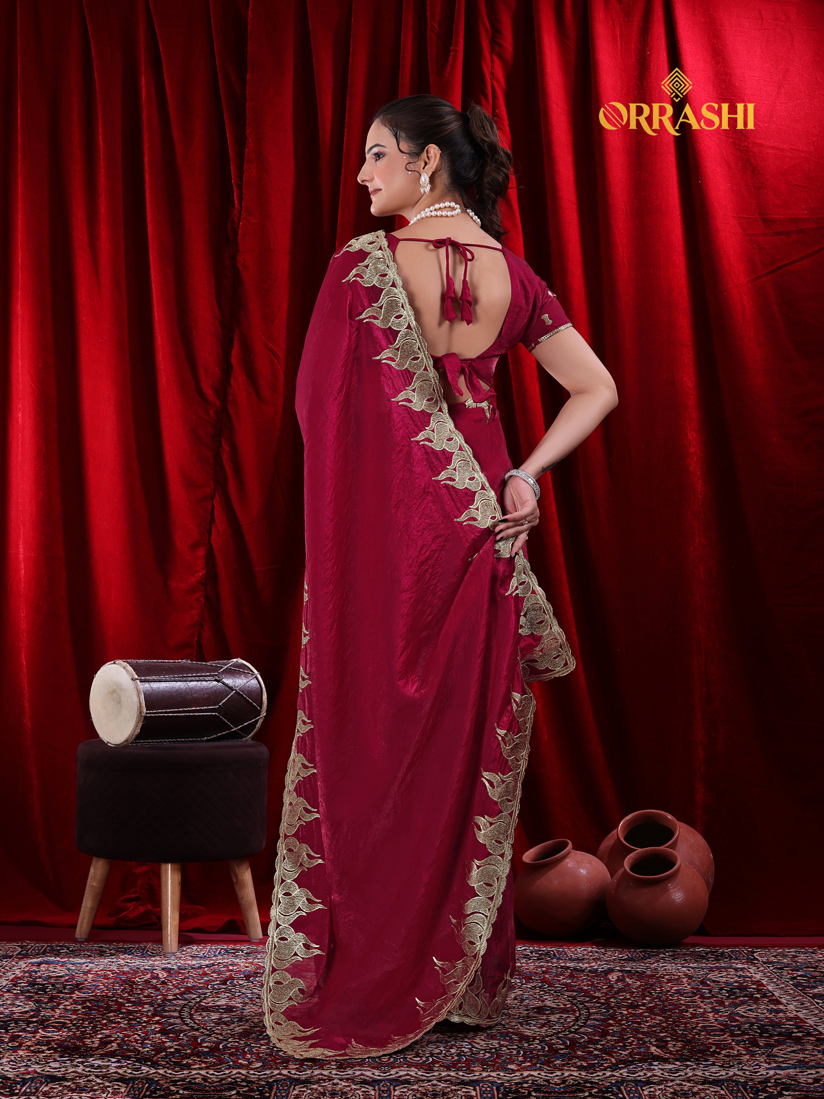 FIRE EMBROIDERIED WORK FENDY SATIN SILK
