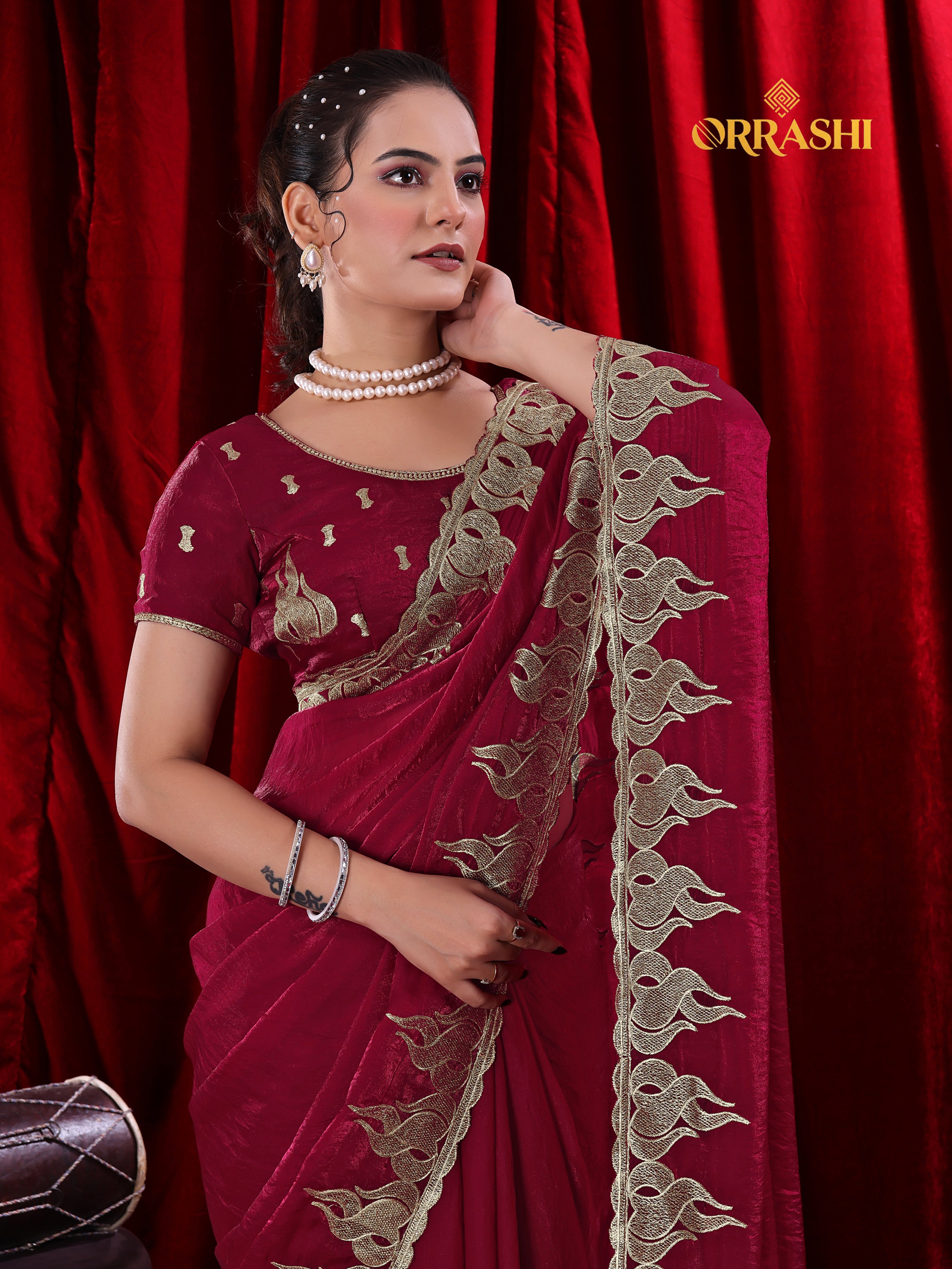 FIRE EMBROIDERIED WORK FENDY SATIN SILK