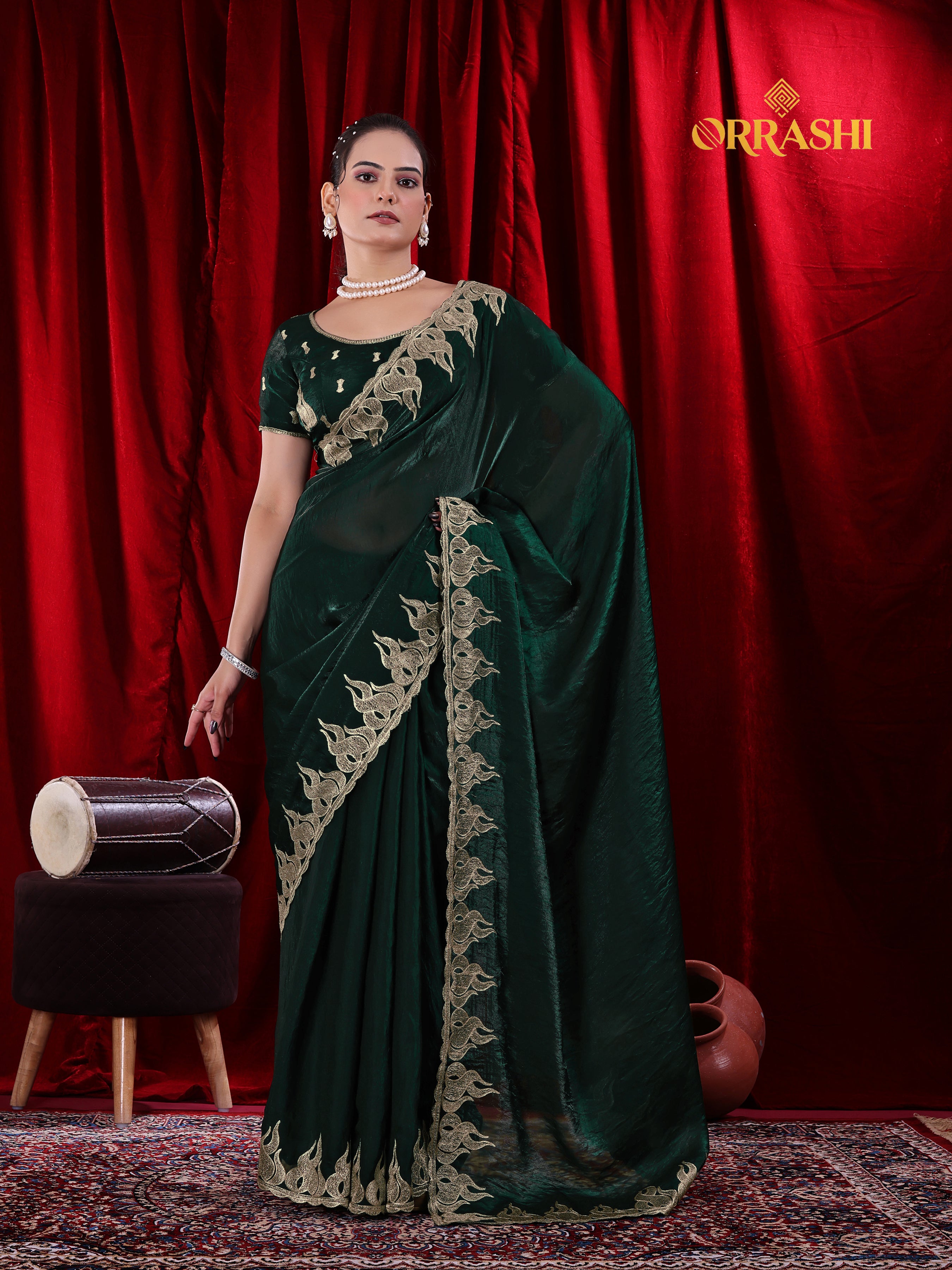 FIRE EMBROIDERIED WORK FENDY SATIN SILK
