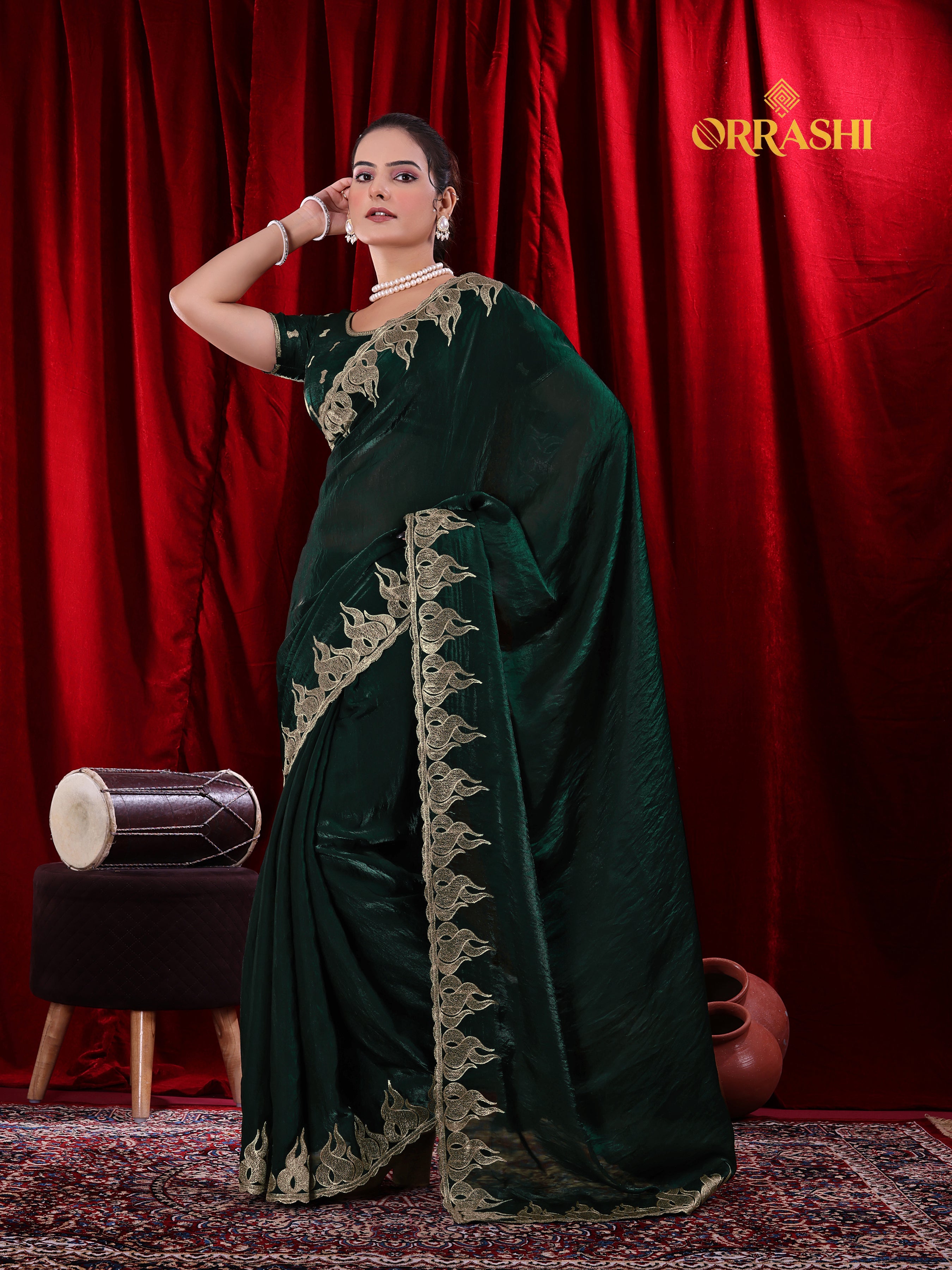 FIRE EMBROIDERIED WORK FENDY SATIN SILK