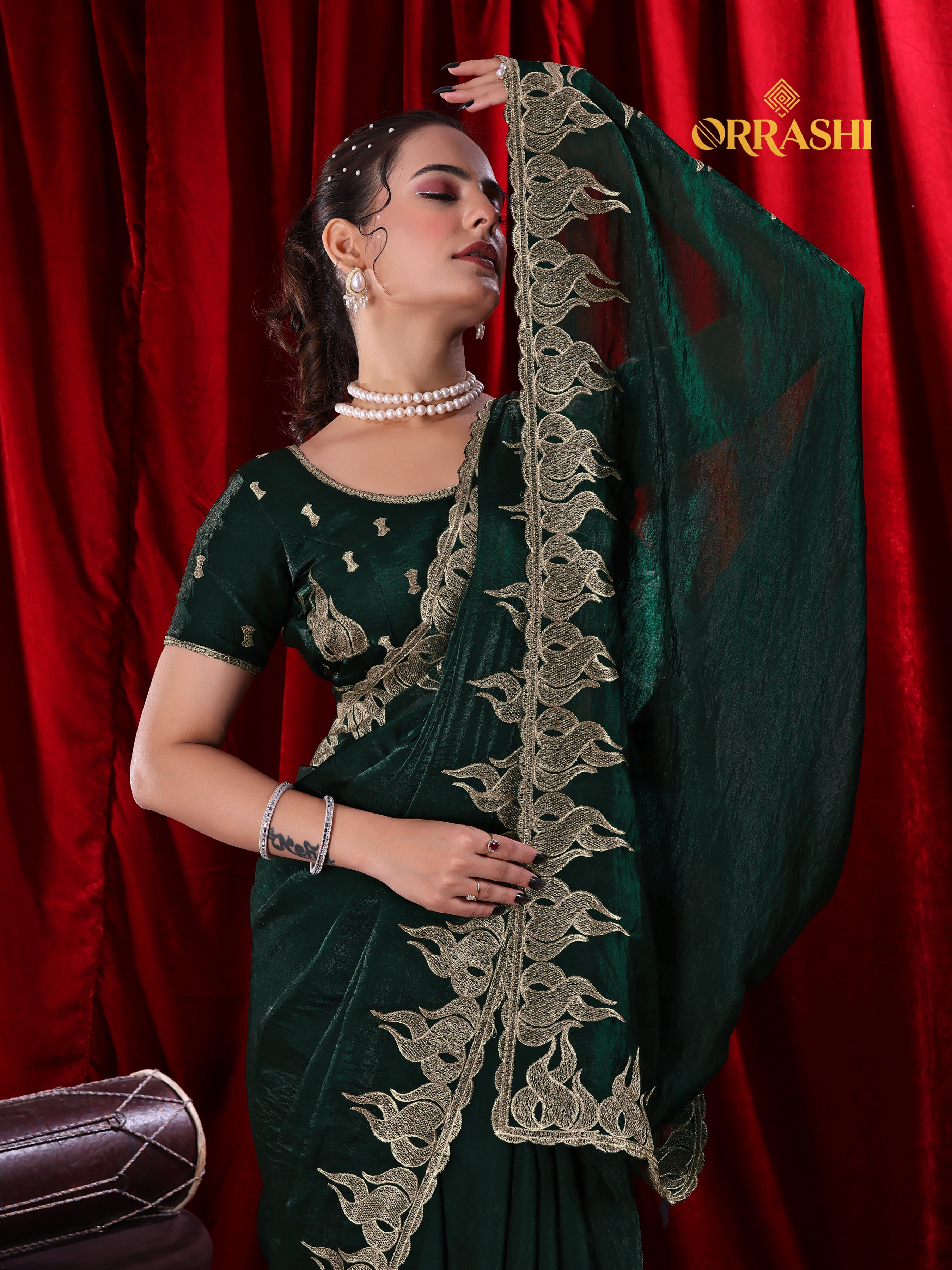 FIRE EMBROIDERIED WORK FENDY SATIN SILK