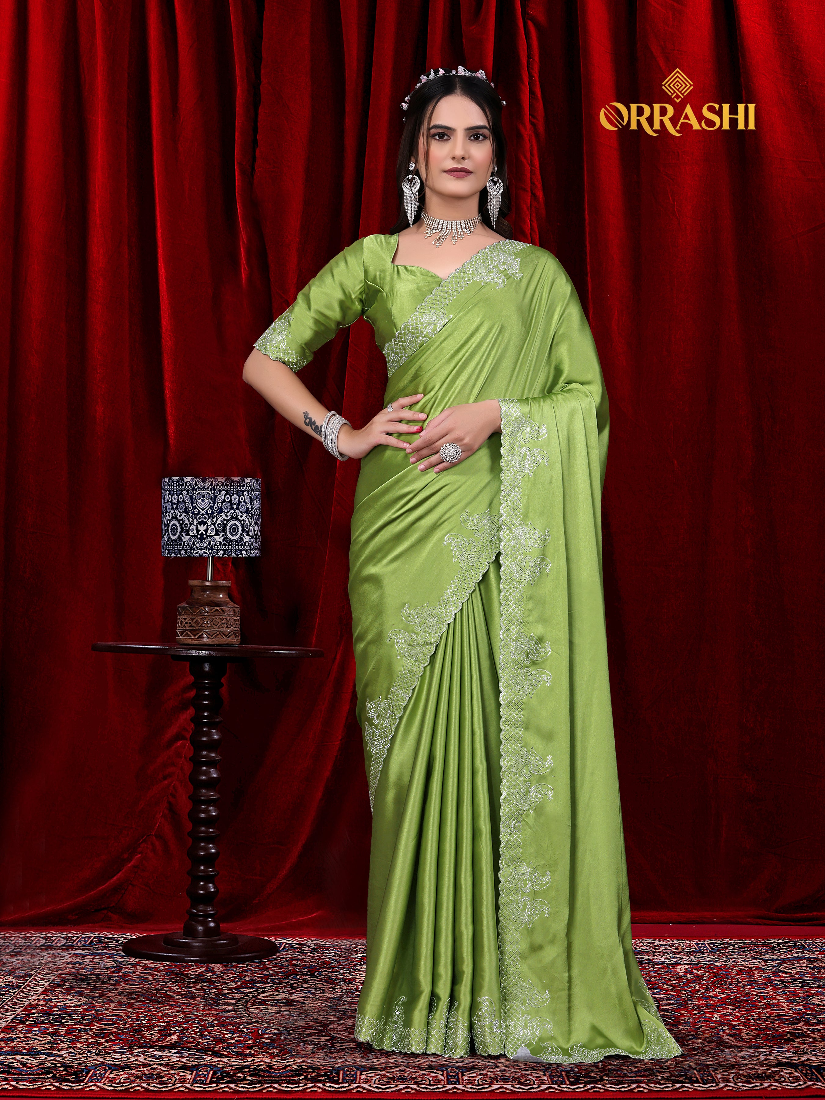 MULTI FLOWER SIROSKI WORK JAPAN SATIN SILK SAREE