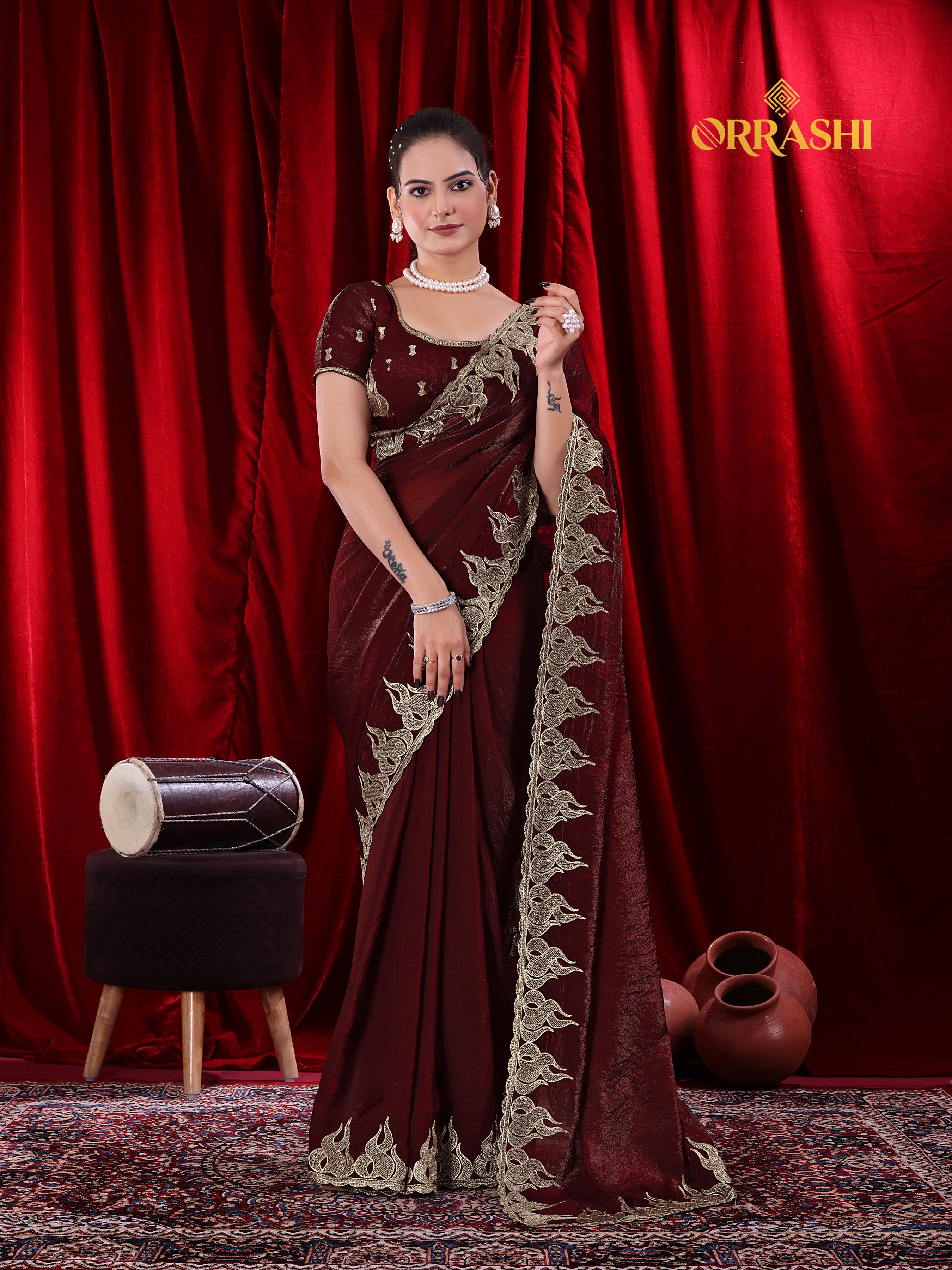 FIRE EMBROIDERIED WORK FENDY SATIN SILK