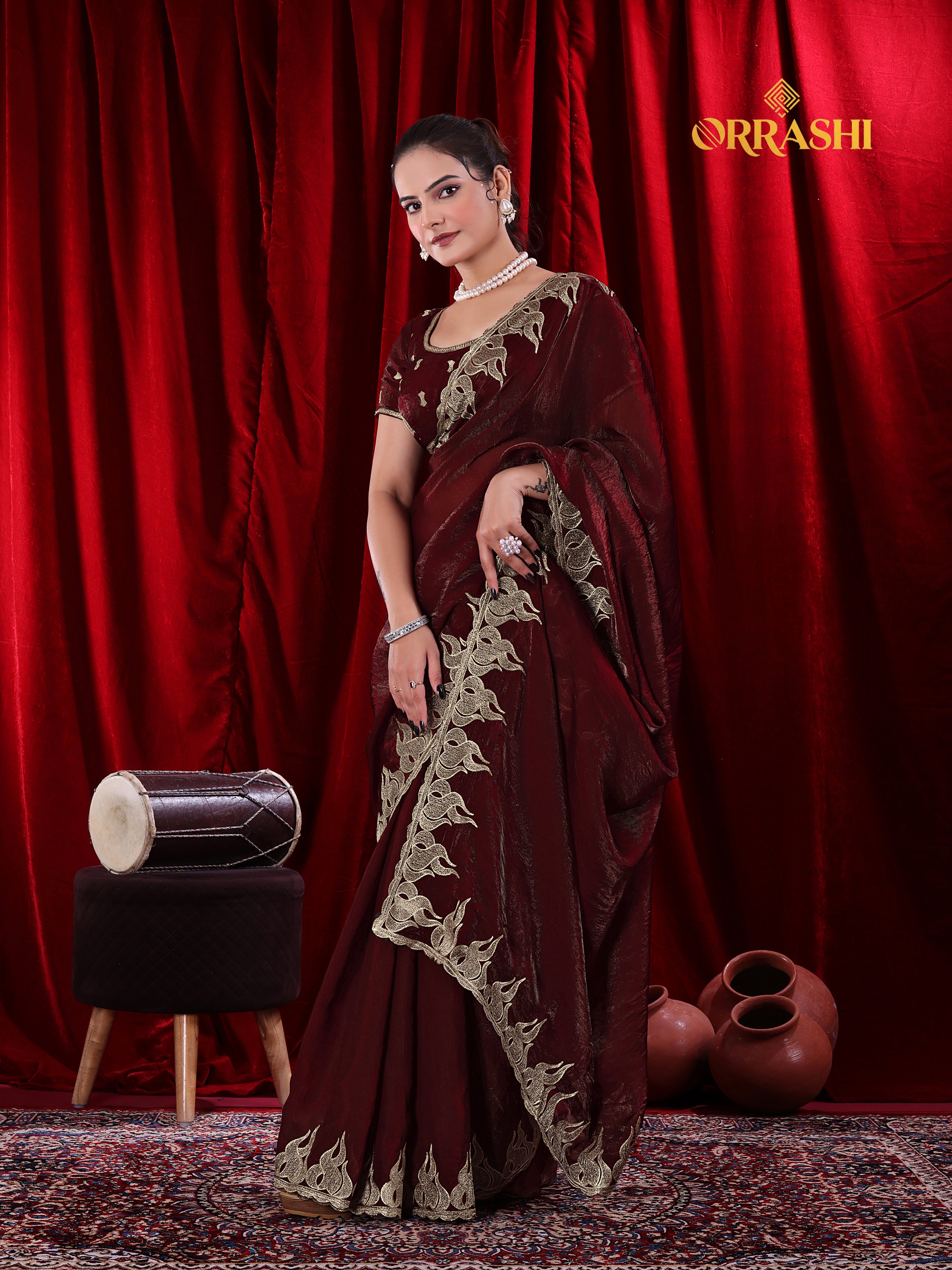FIRE EMBROIDERIED WORK FENDY SATIN SILK