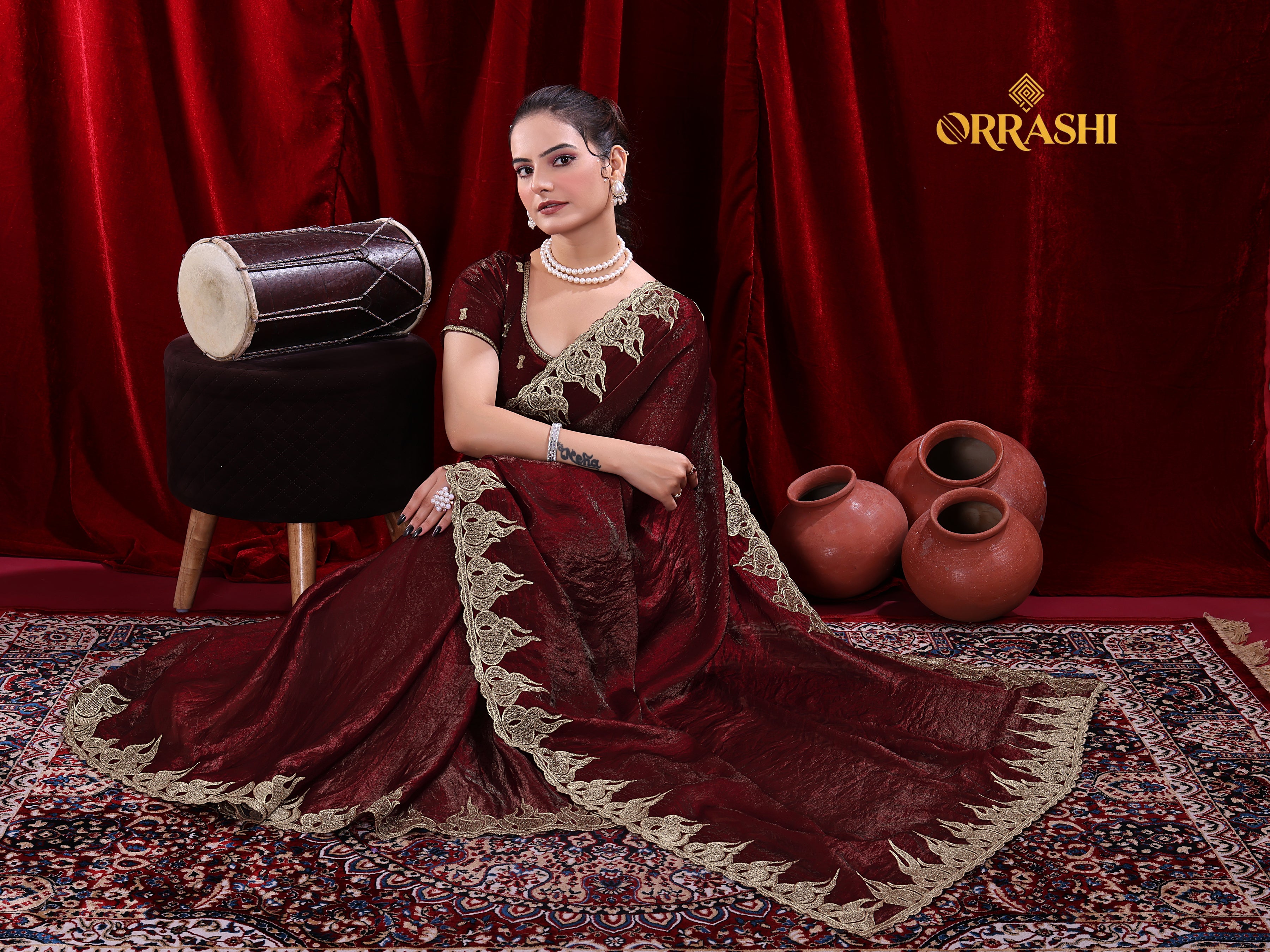 FIRE EMBROIDERIED WORK FENDY SATIN SILK