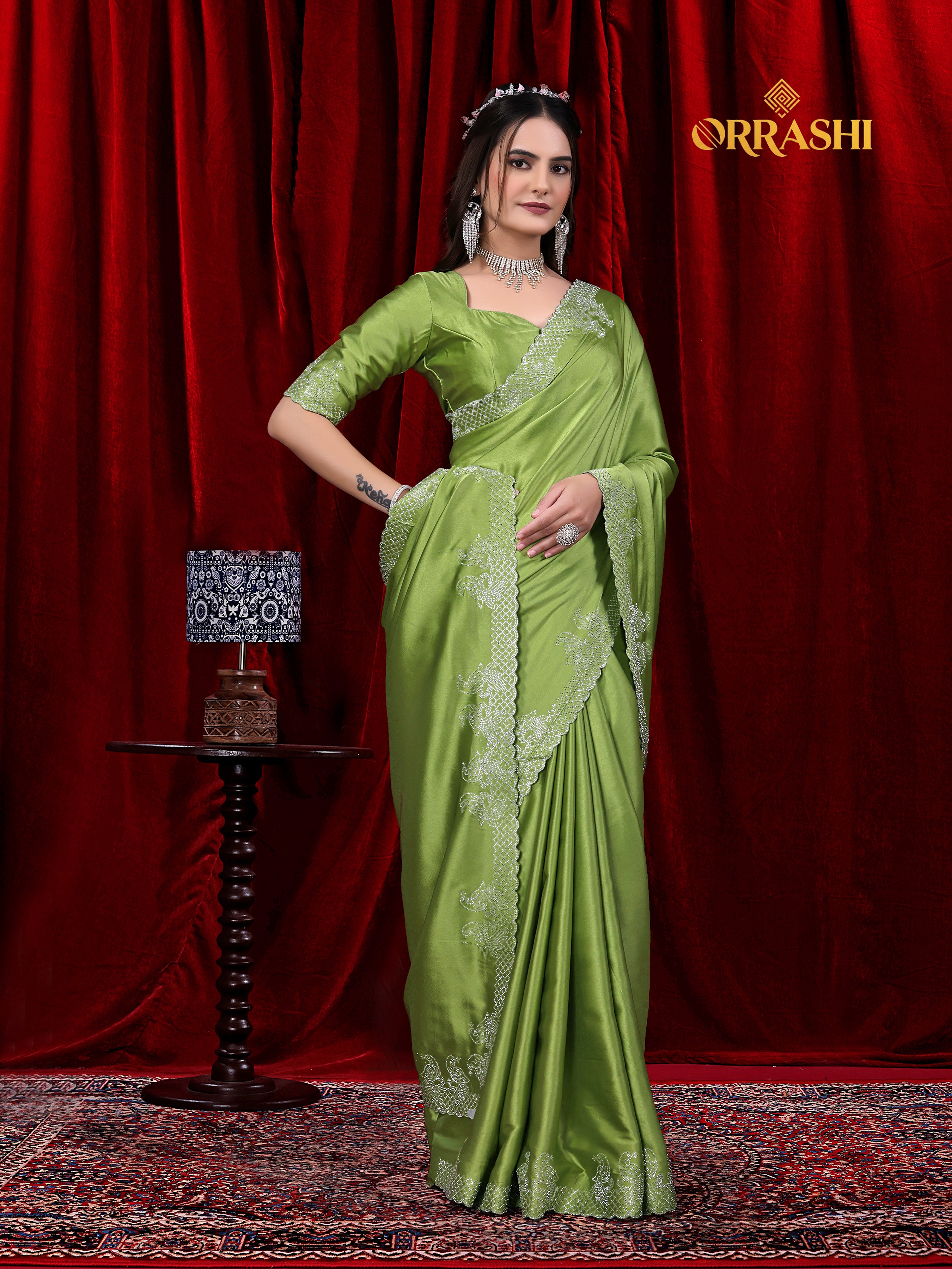 MULTI FLOWER SIROSKI WORK JAPAN SATIN SILK SAREE
