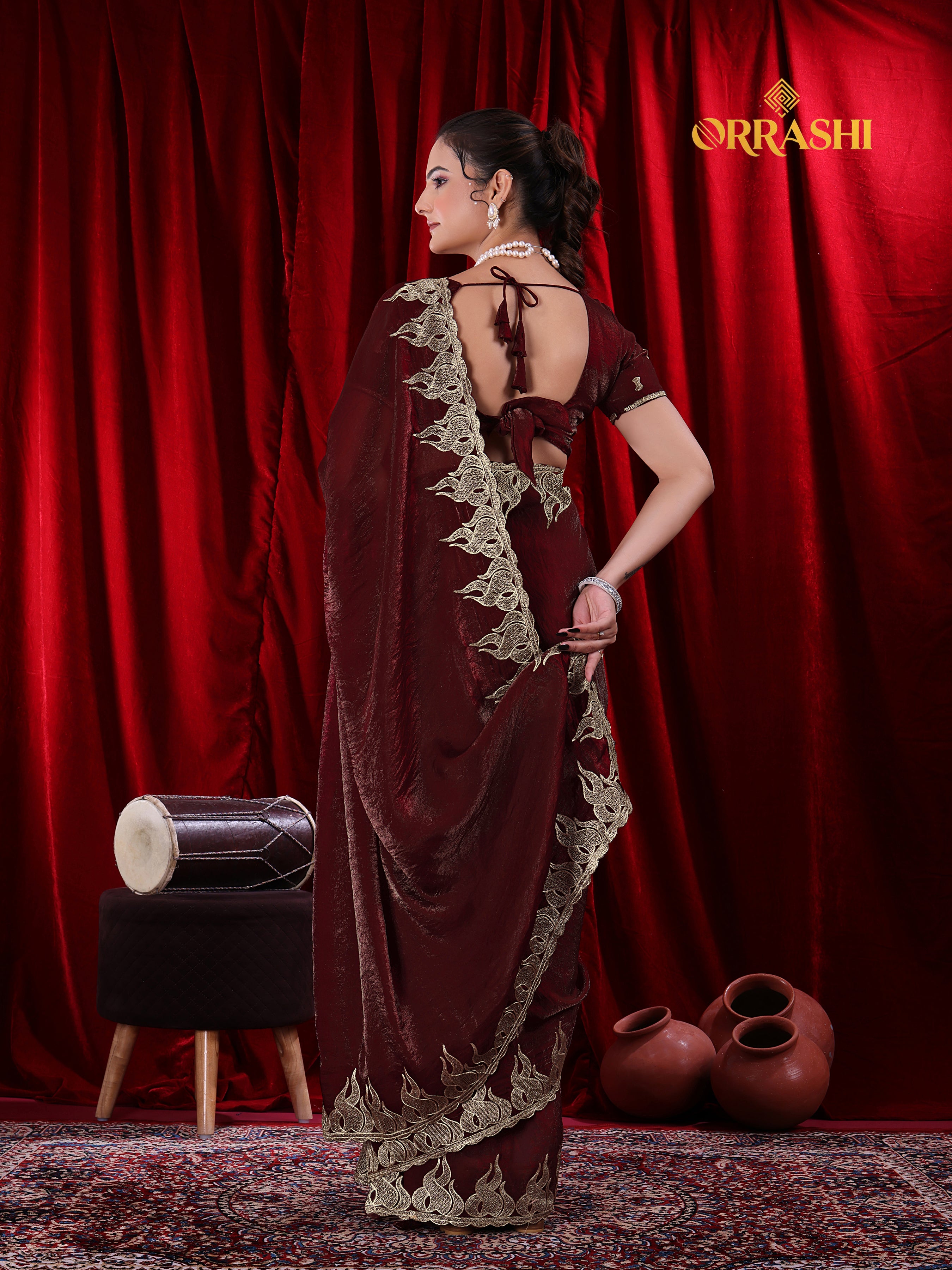 FIRE EMBROIDERIED WORK FENDY SATIN SILK