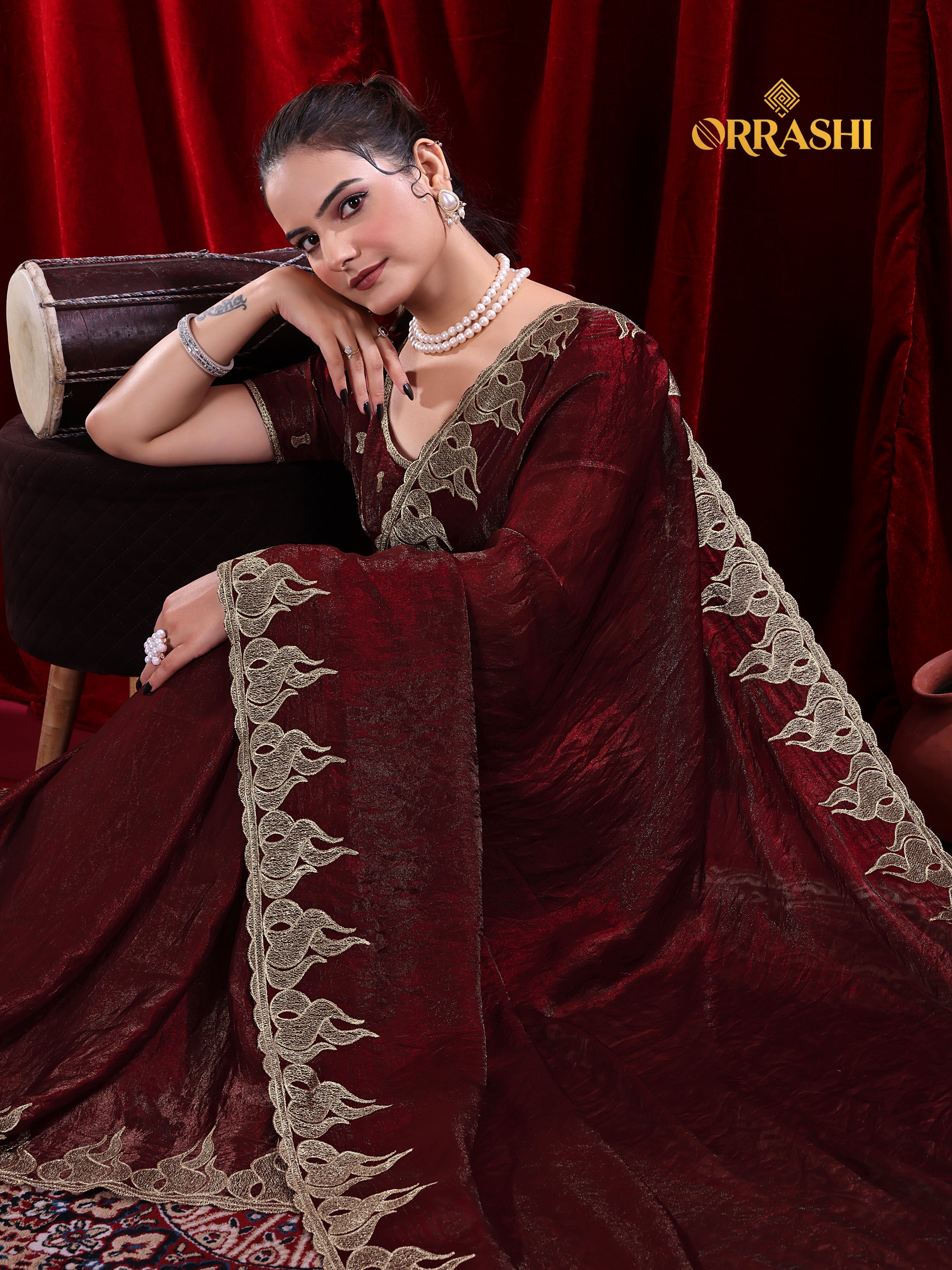 FIRE EMBROIDERIED WORK FENDY SATIN SILK