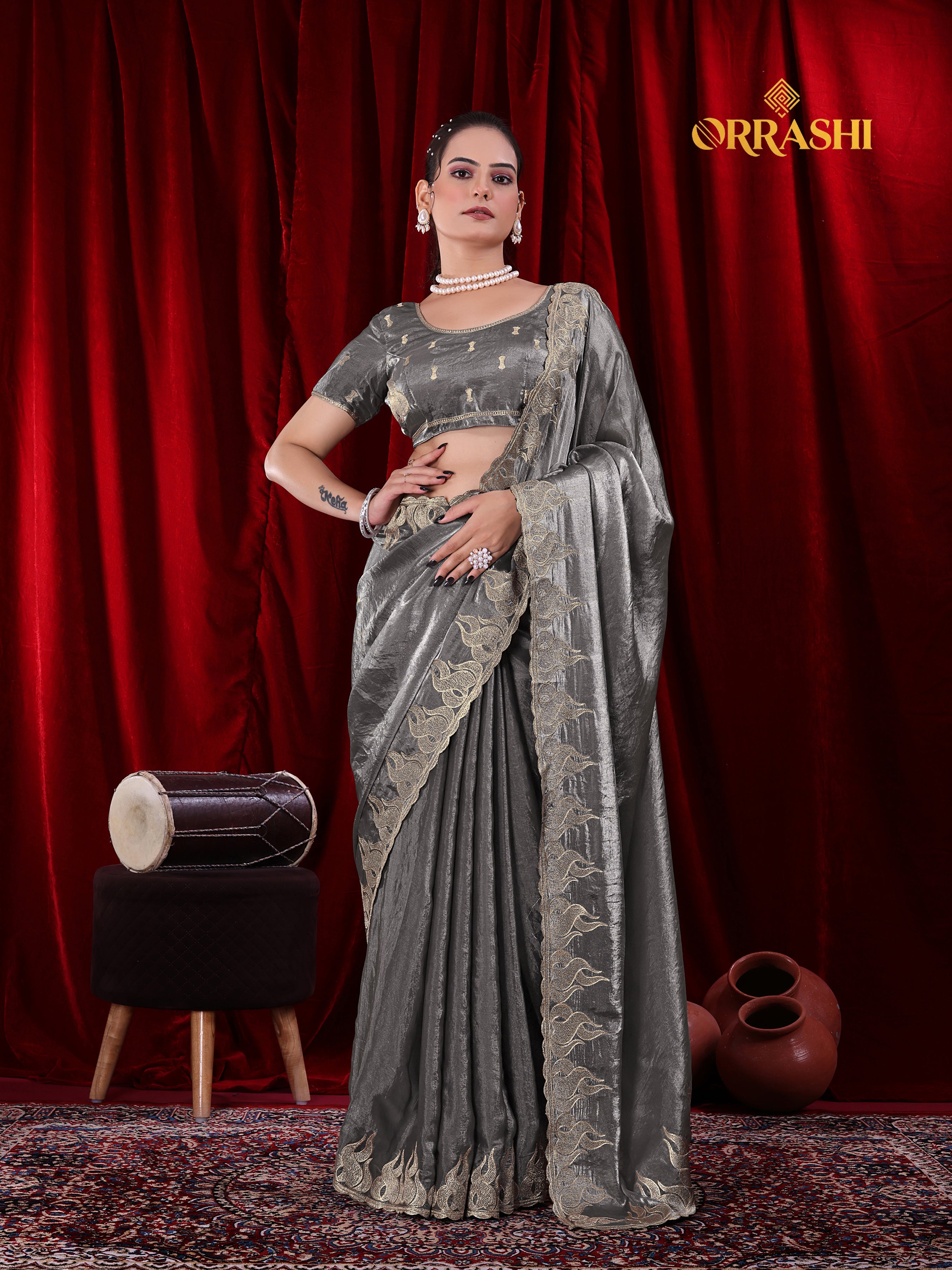 FIRE EMBROIDERIED WORK FENDY SATIN SILK