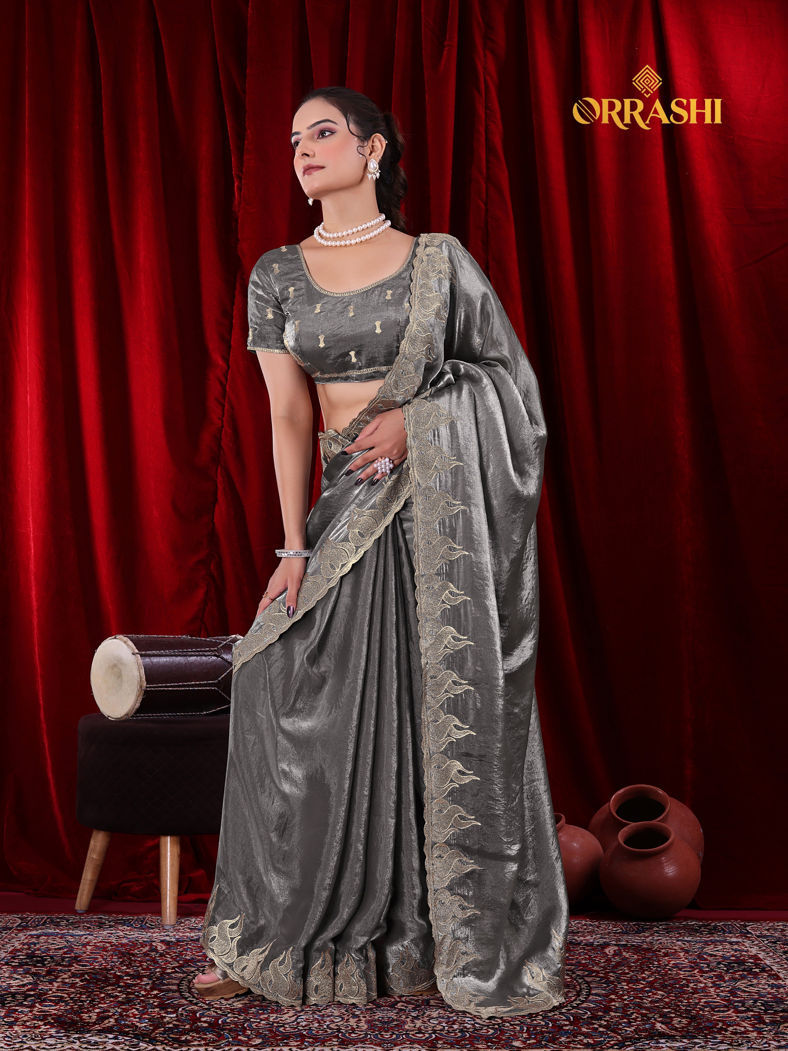 FIRE EMBROIDERIED WORK FENDY SATIN SILK