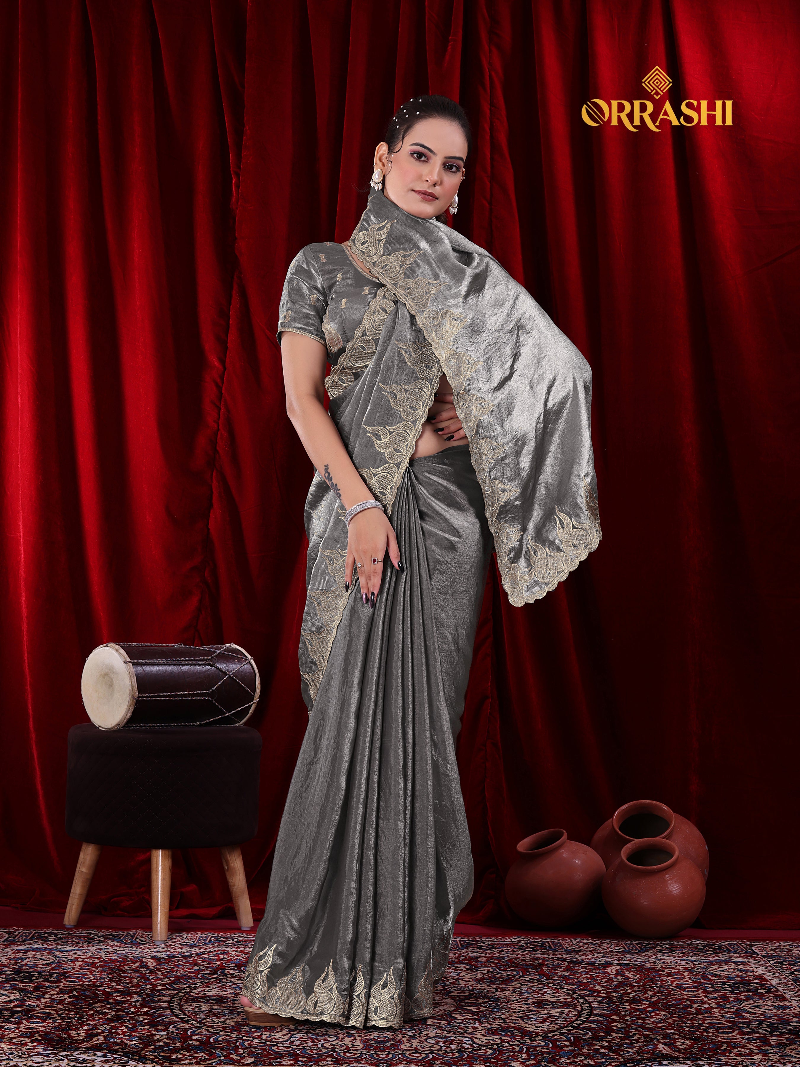FIRE EMBROIDERIED WORK FENDY SATIN SILK