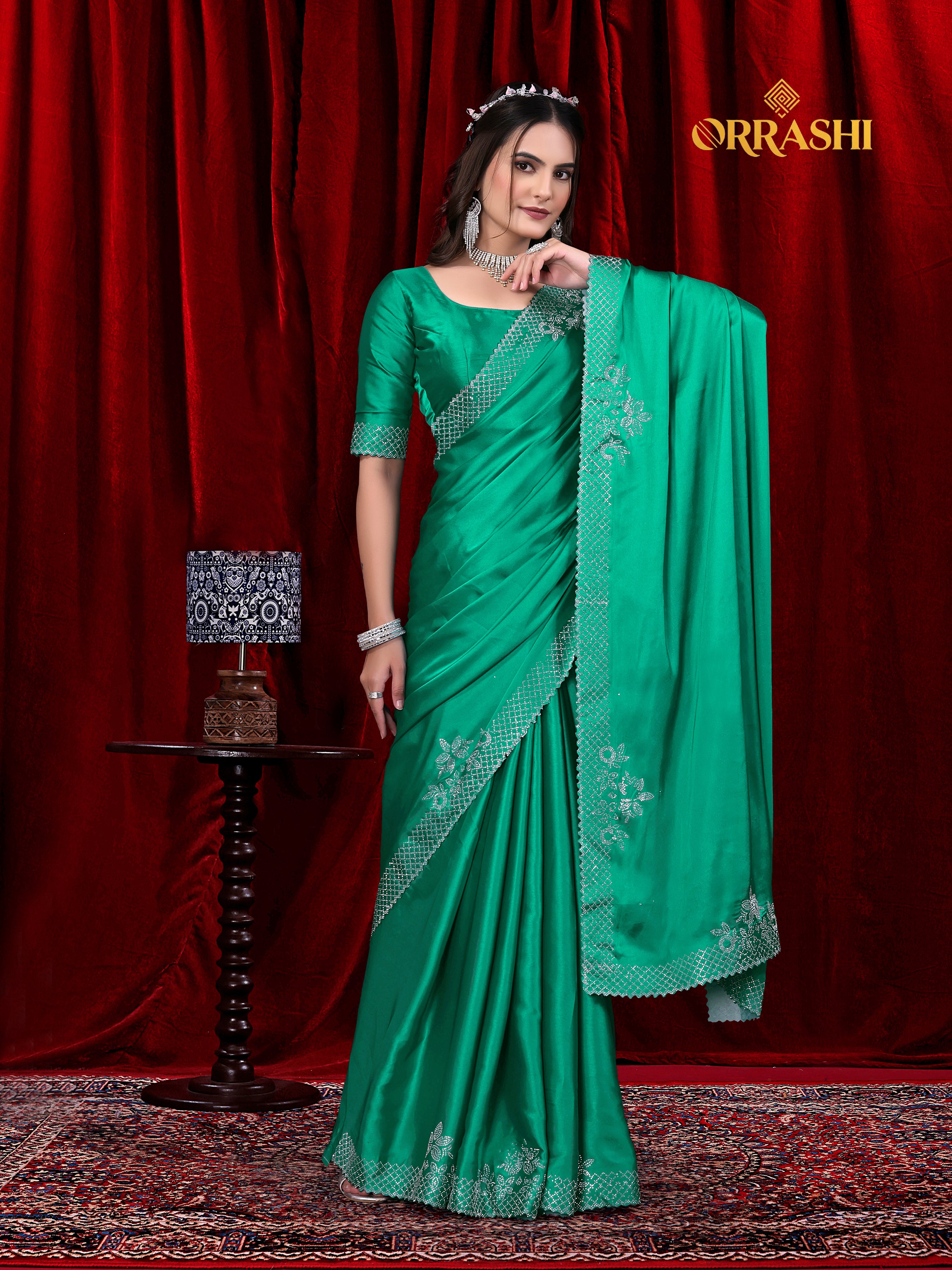 MULTI FLOWER SIROSKI WORK JAPAN SATIN SILK SAREE
