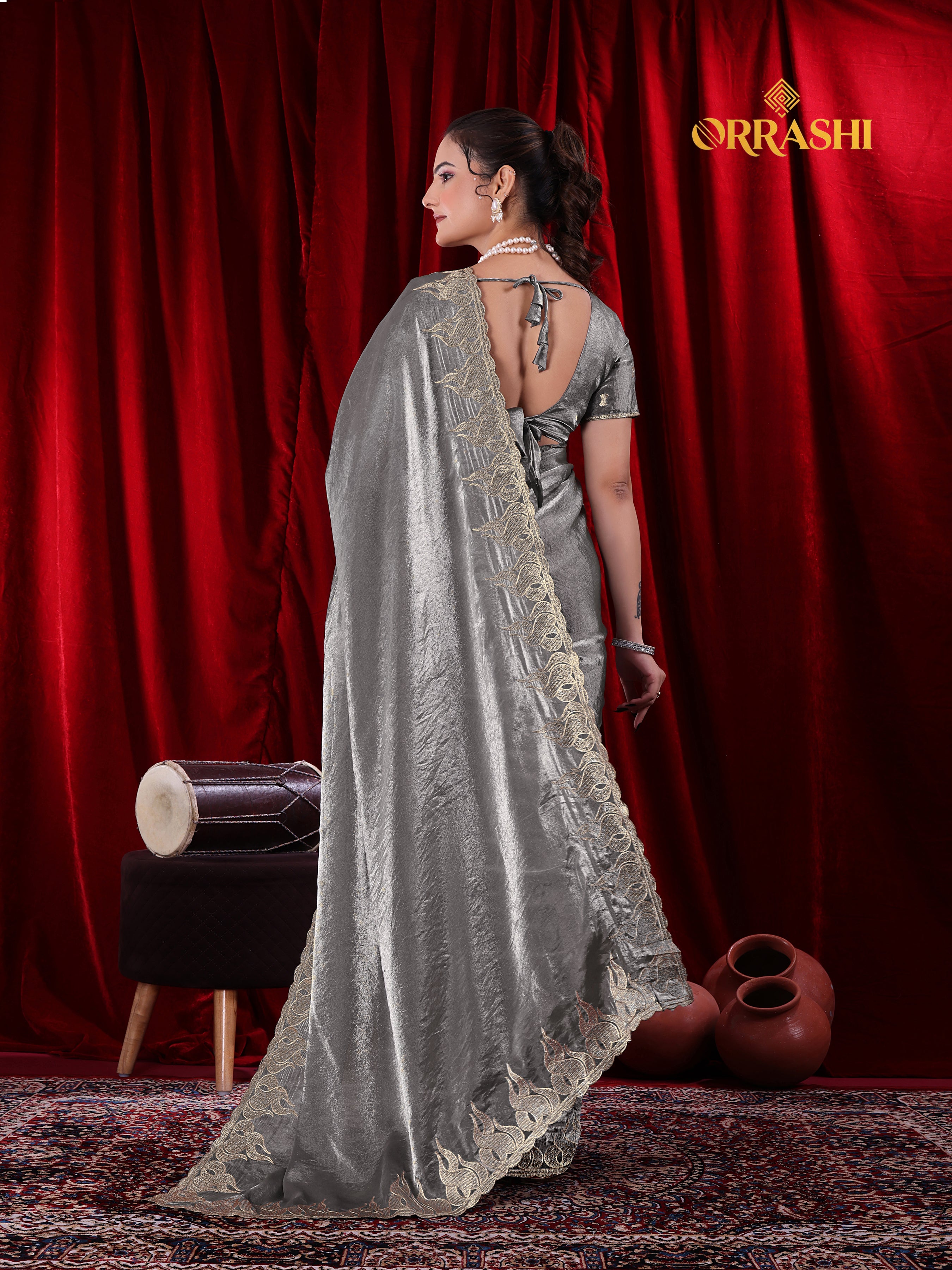 FIRE EMBROIDERIED WORK FENDY SATIN SILK