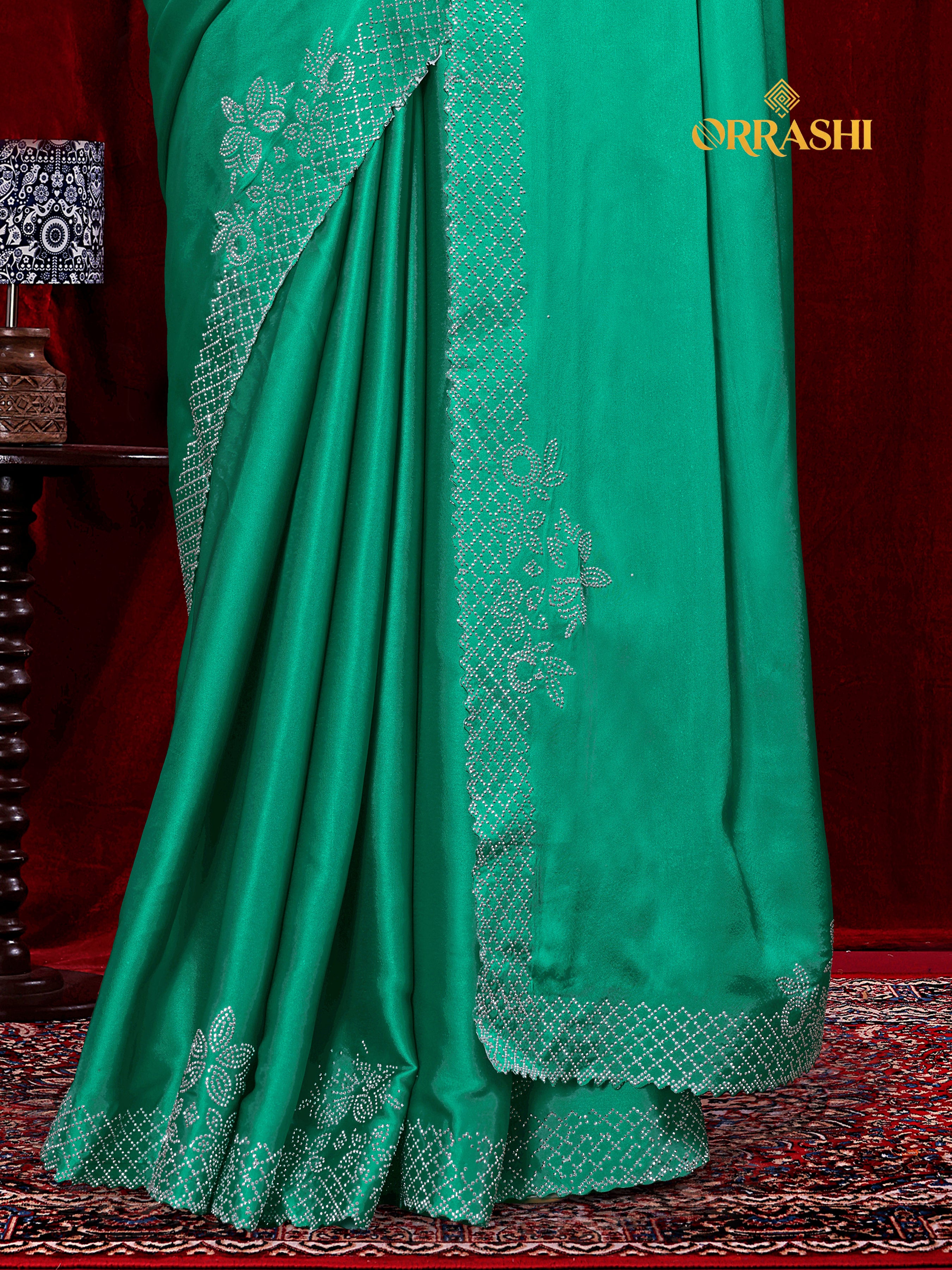MULTI FLOWER SIROSKI WORK JAPAN SATIN SILK SAREE