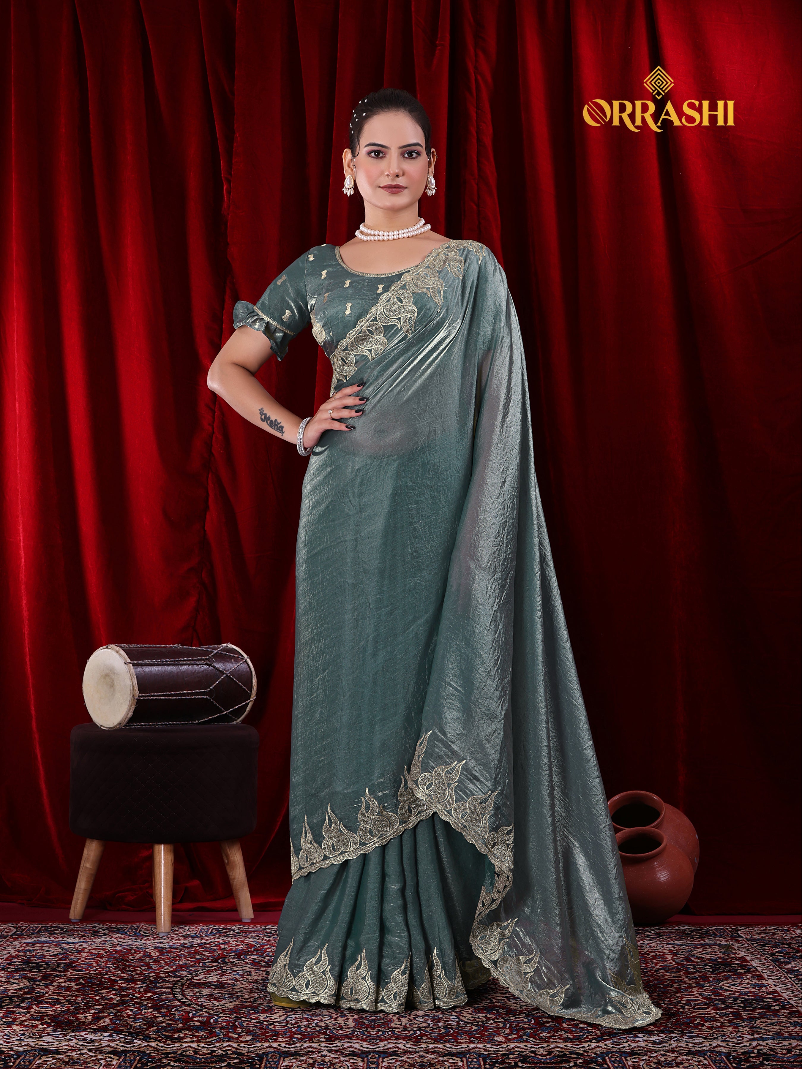 FIRE EMBROIDERIED WORK FENDY SATIN SILK