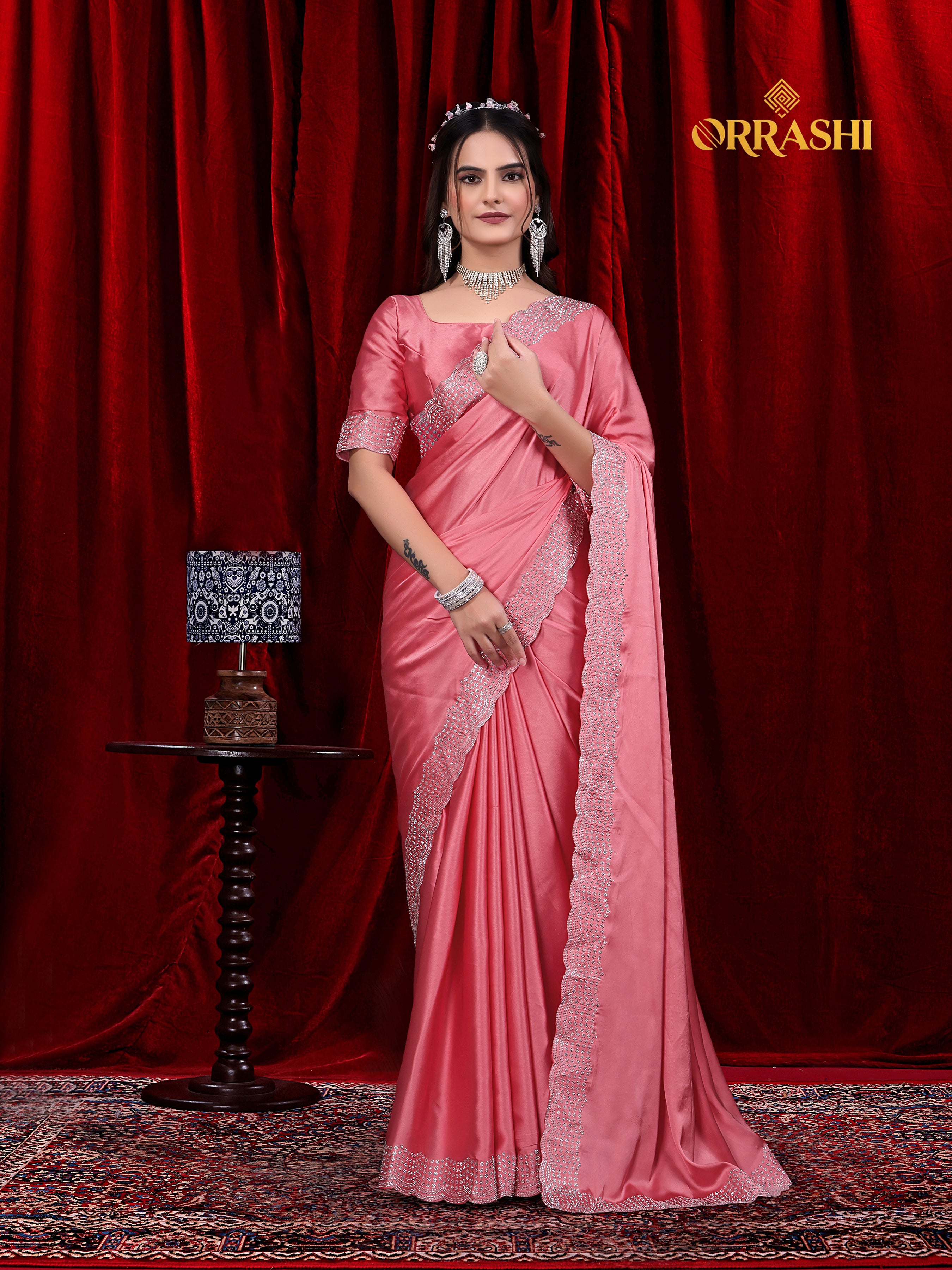 MULTI FLOWER SIROSKI WORK JAPAN SATIN SILK SAREE