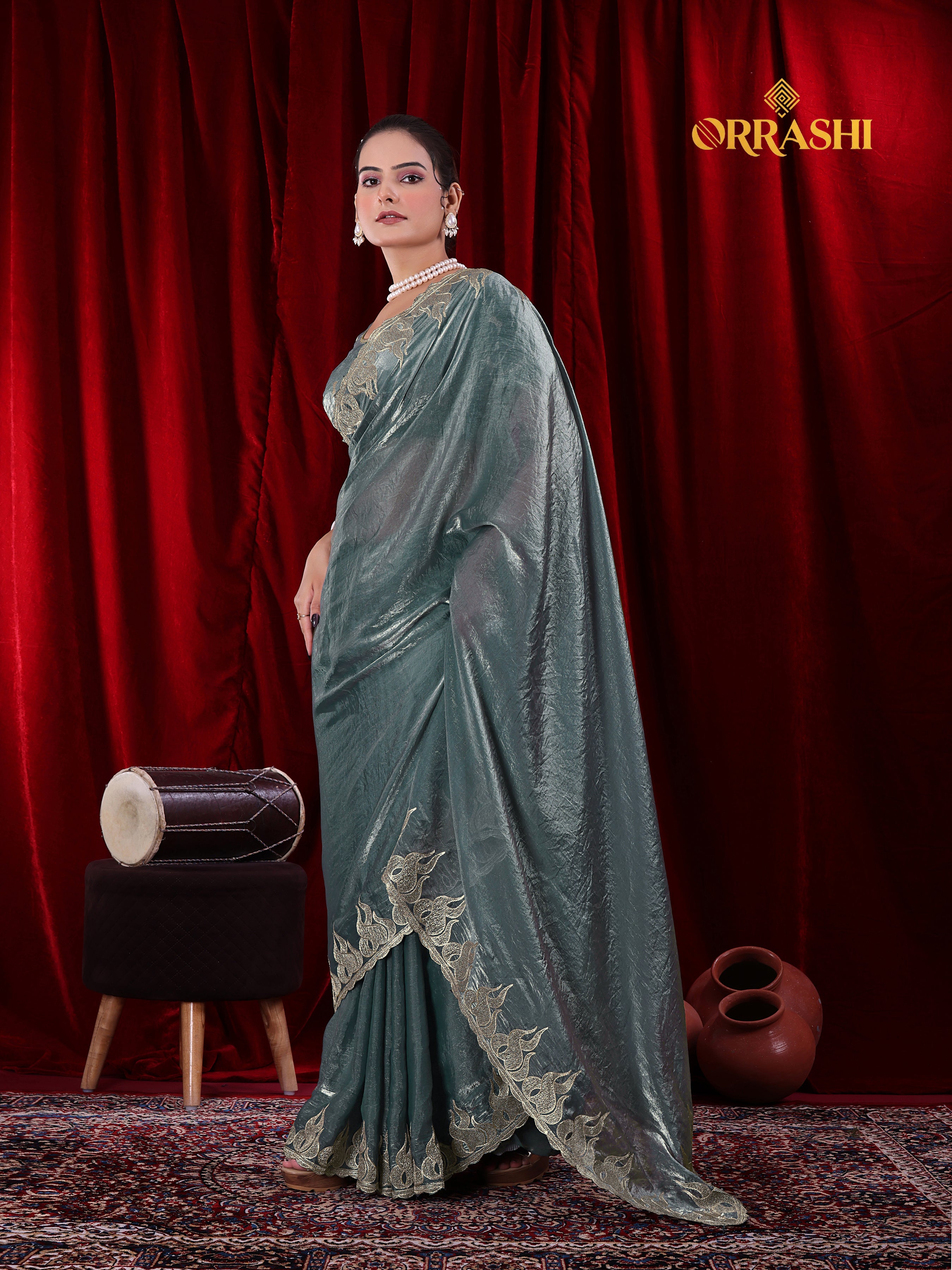 FIRE EMBROIDERIED WORK FENDY SATIN SILK