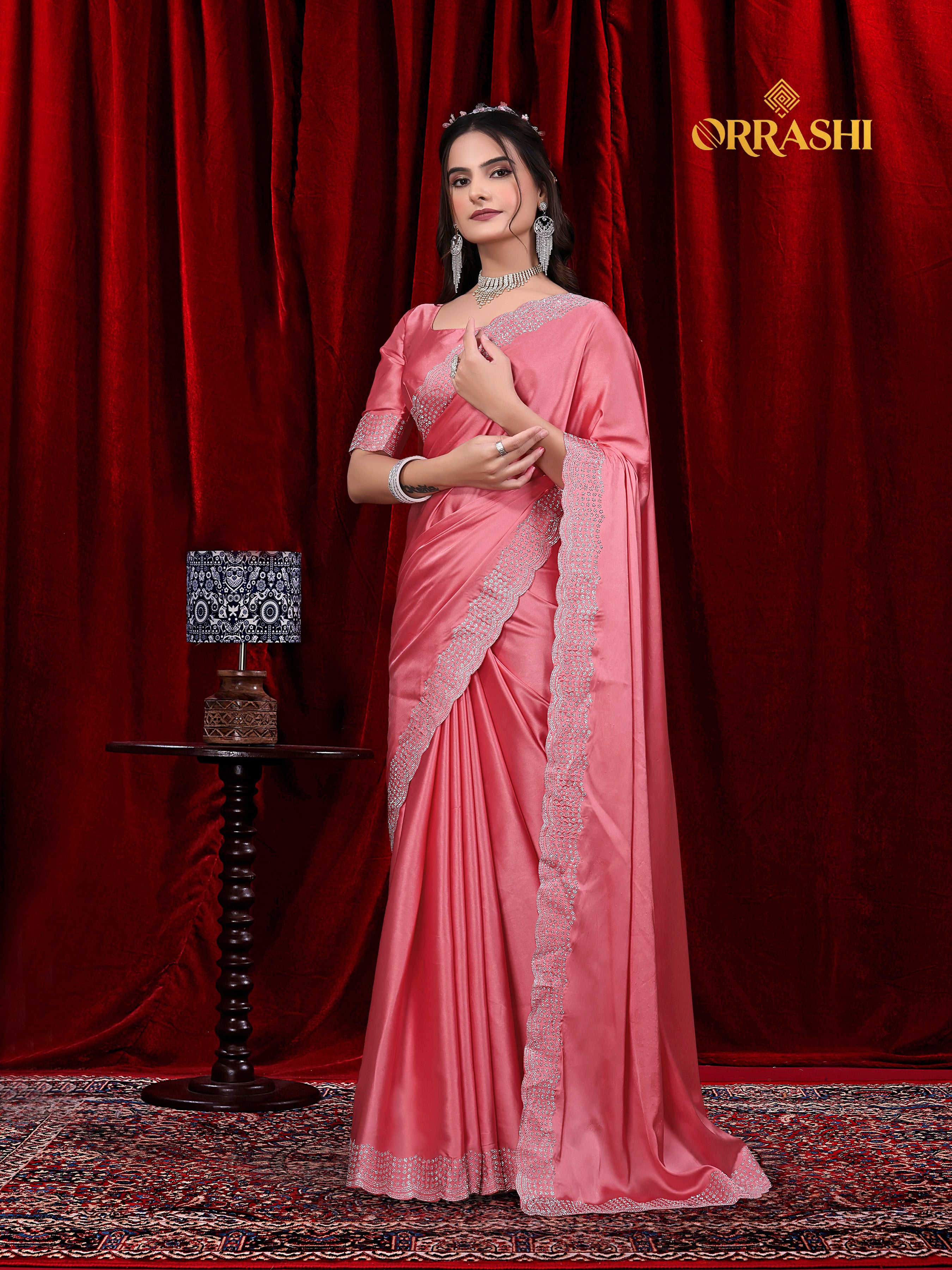 MULTI FLOWER SIROSKI WORK JAPAN SATIN SILK SAREE