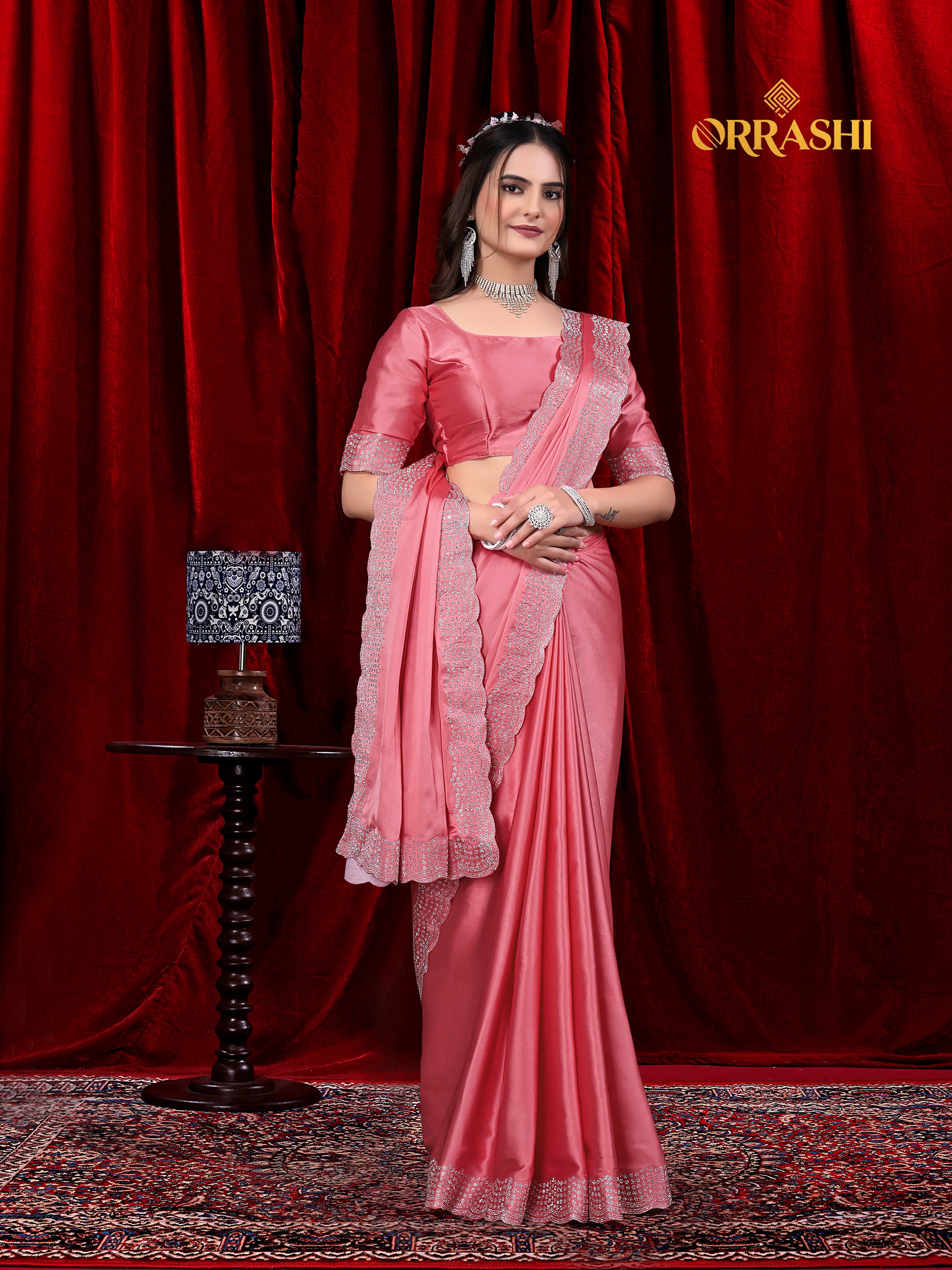 MULTI FLOWER SIROSKI WORK JAPAN SATIN SILK SAREE