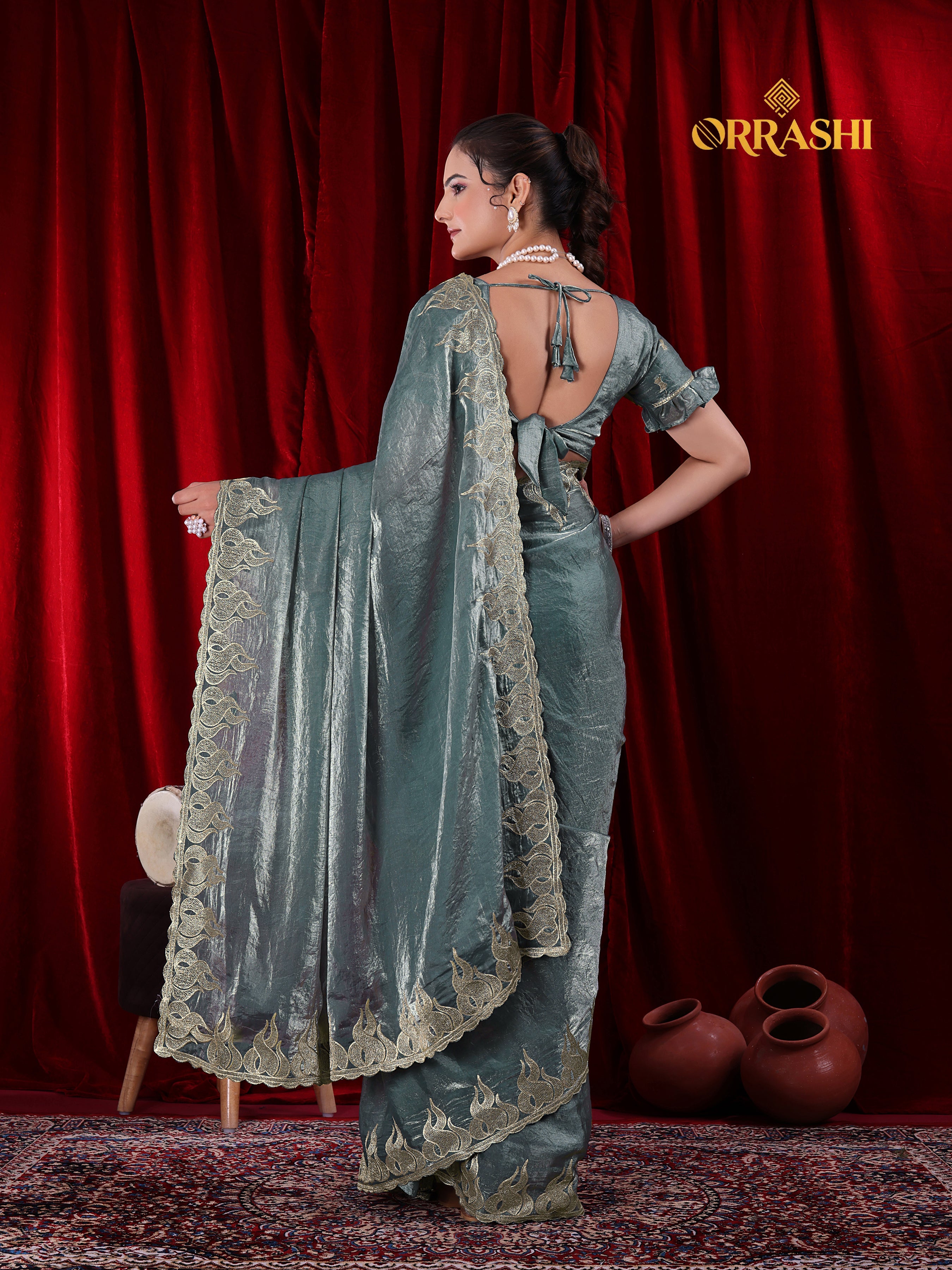 FIRE EMBROIDERIED WORK FENDY SATIN SILK
