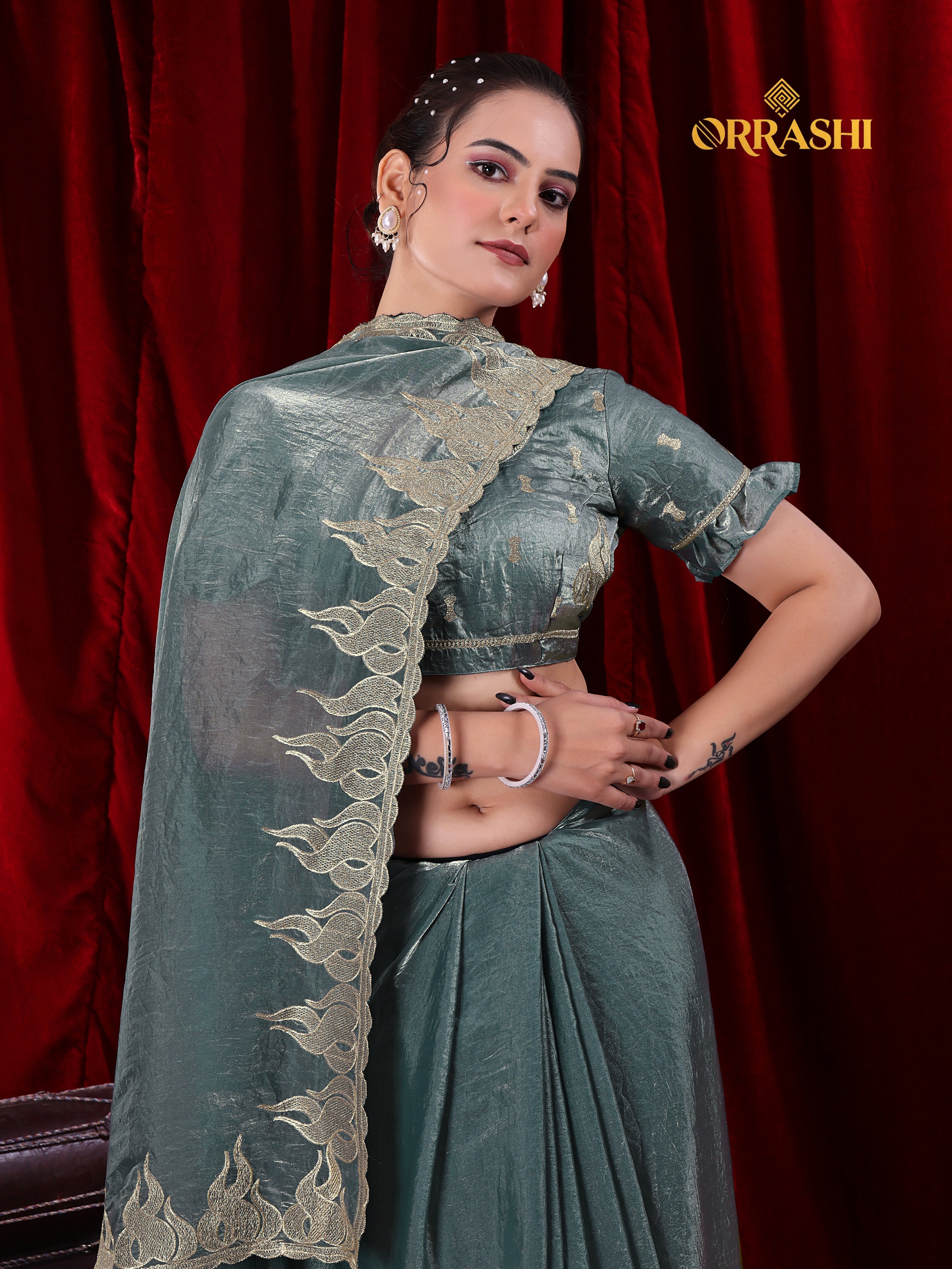 FIRE EMBROIDERIED WORK FENDY SATIN SILK