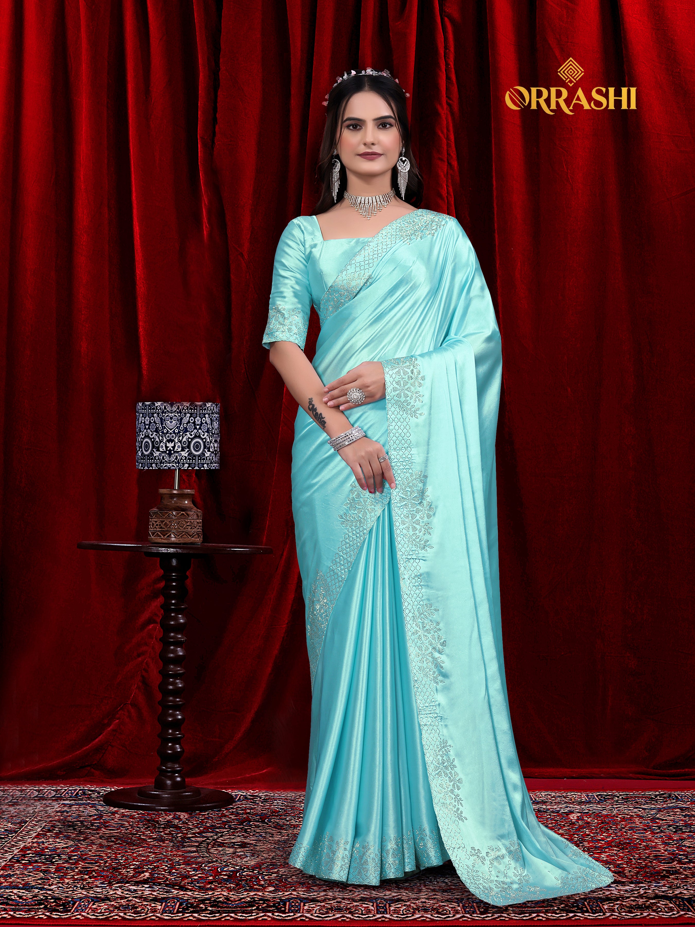 MULTI FLOWER SIROSKI WORK JAPAN SATIN SILK SAREE