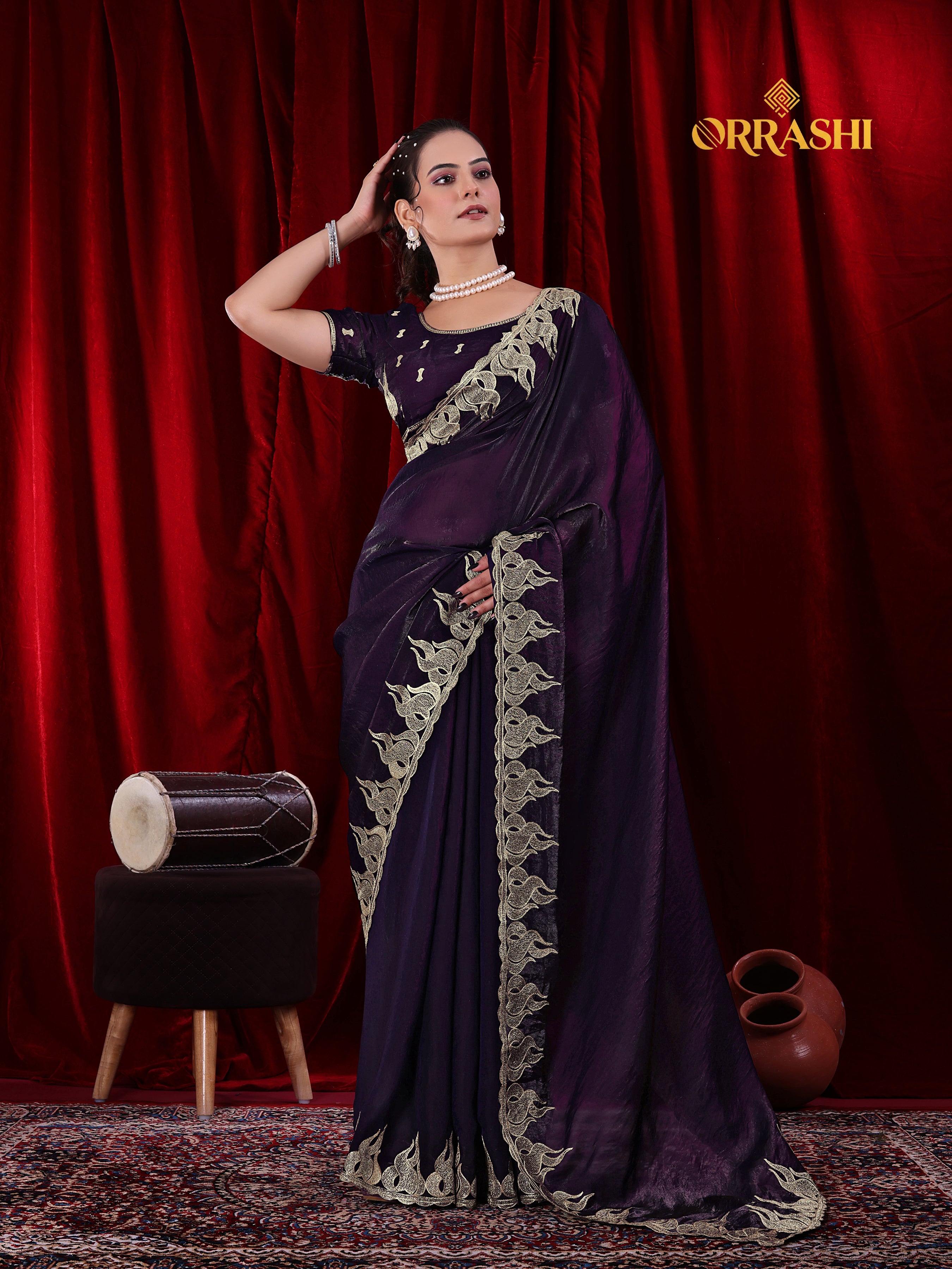 FIRE EMBROIDERIED WORK FENDY SATIN SILK