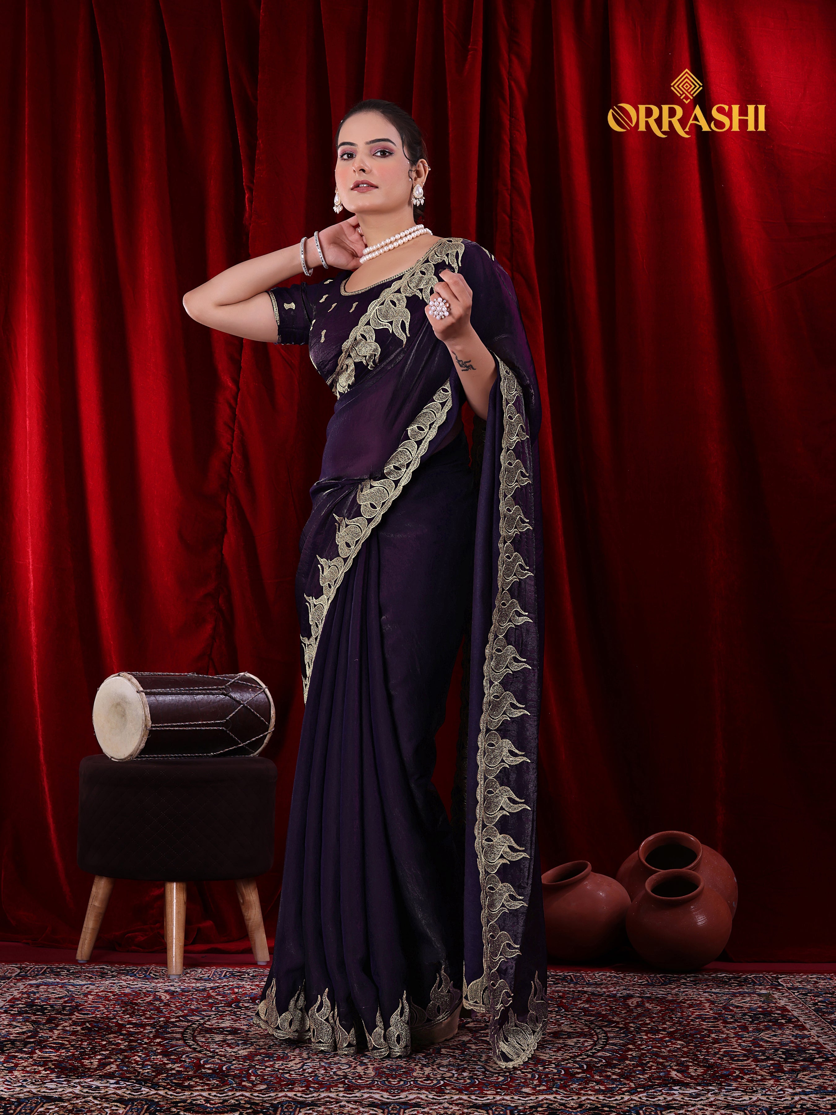 FIRE EMBROIDERIED WORK FENDY SATIN SILK