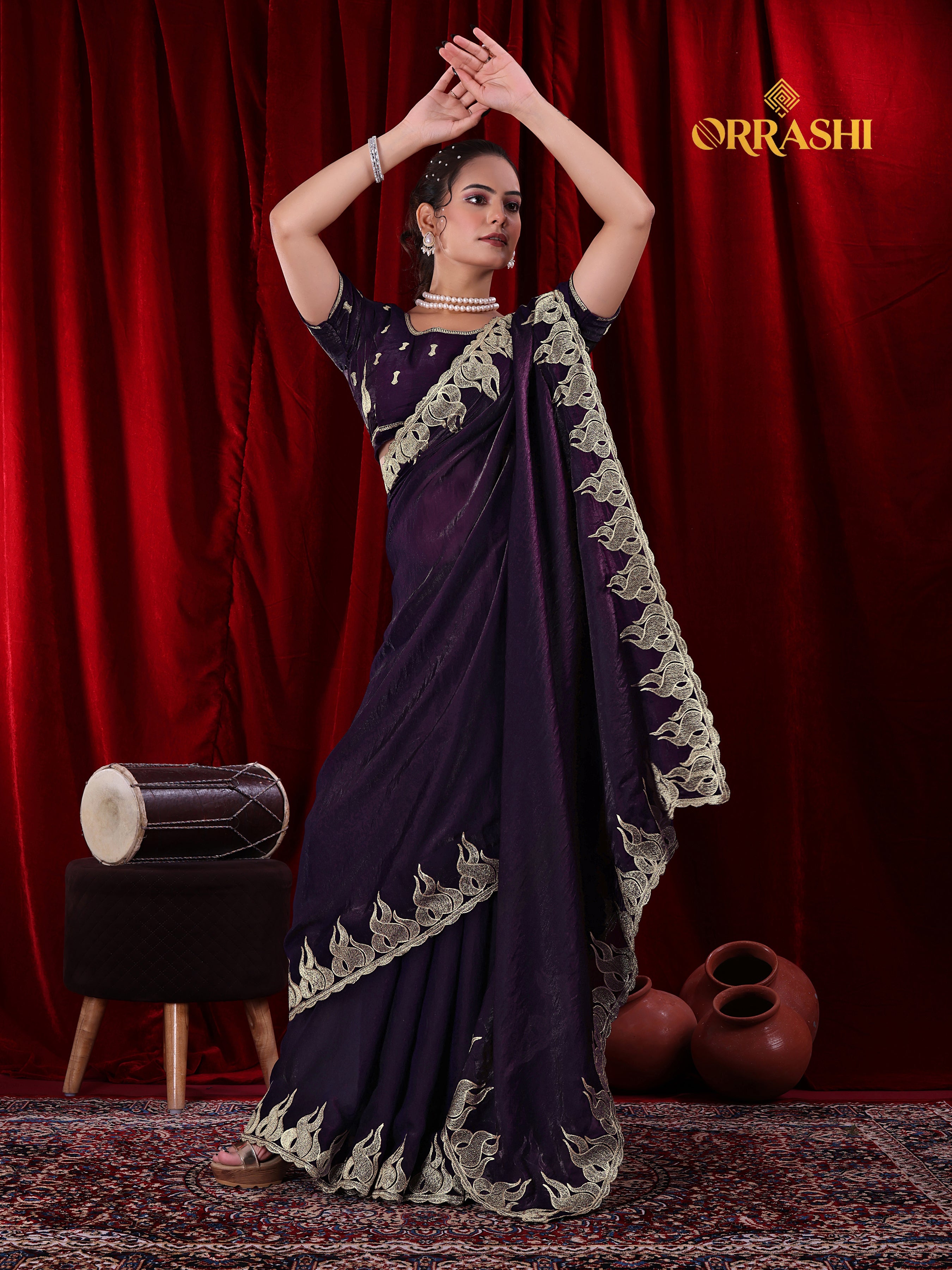 FIRE EMBROIDERIED WORK FENDY SATIN SILK