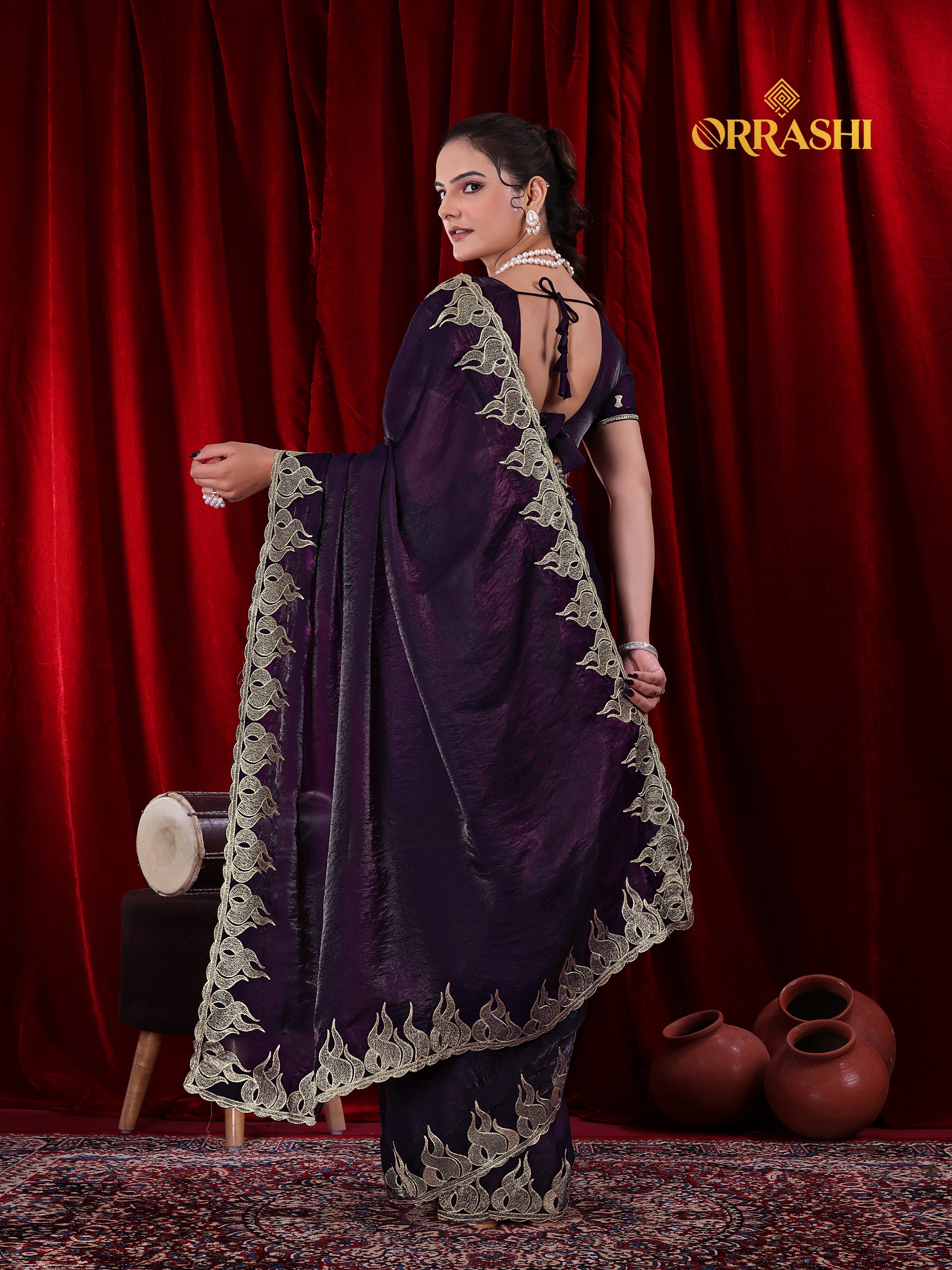 FIRE EMBROIDERIED WORK FENDY SATIN SILK