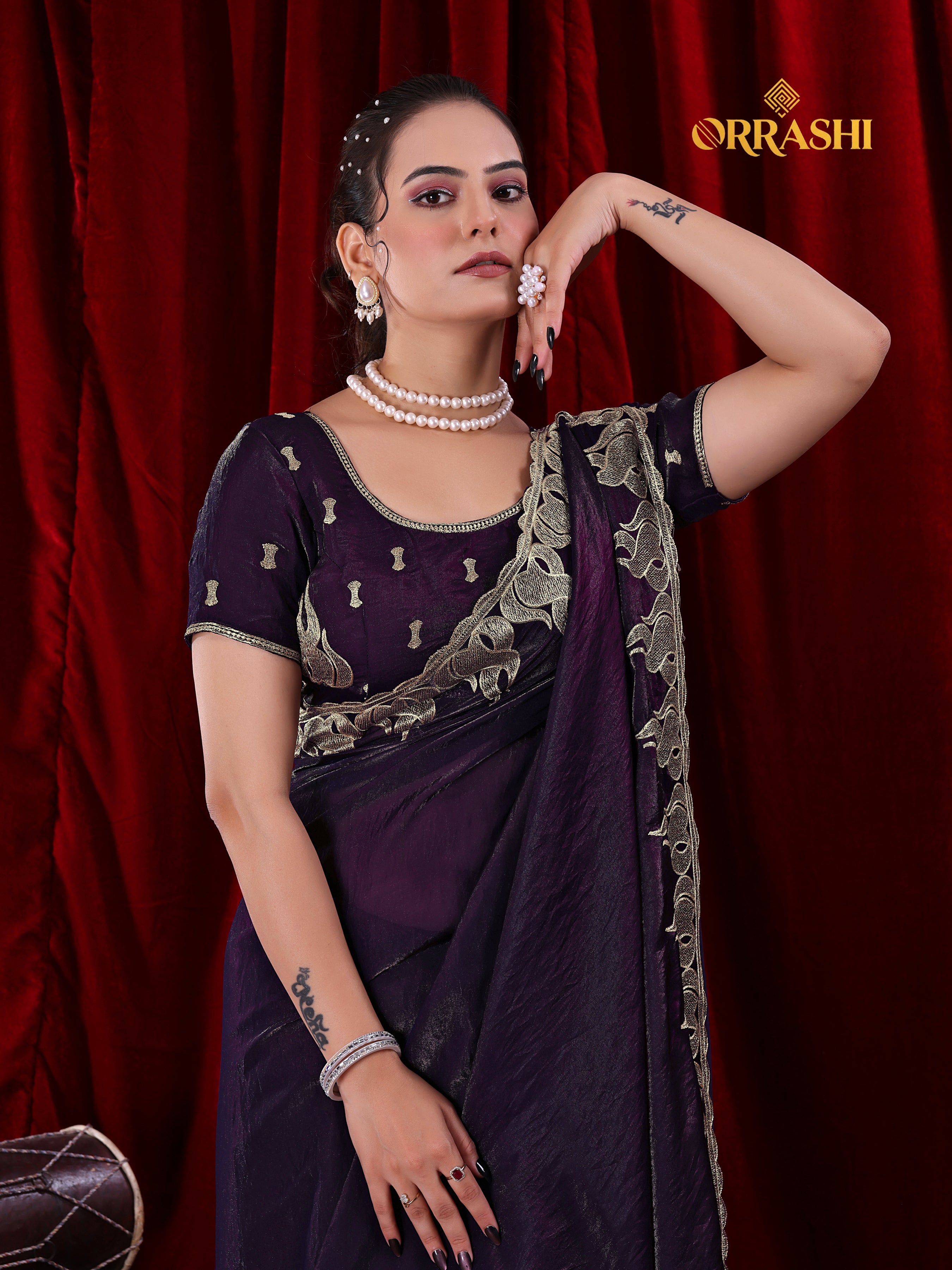 FIRE EMBROIDERIED WORK FENDY SATIN SILK