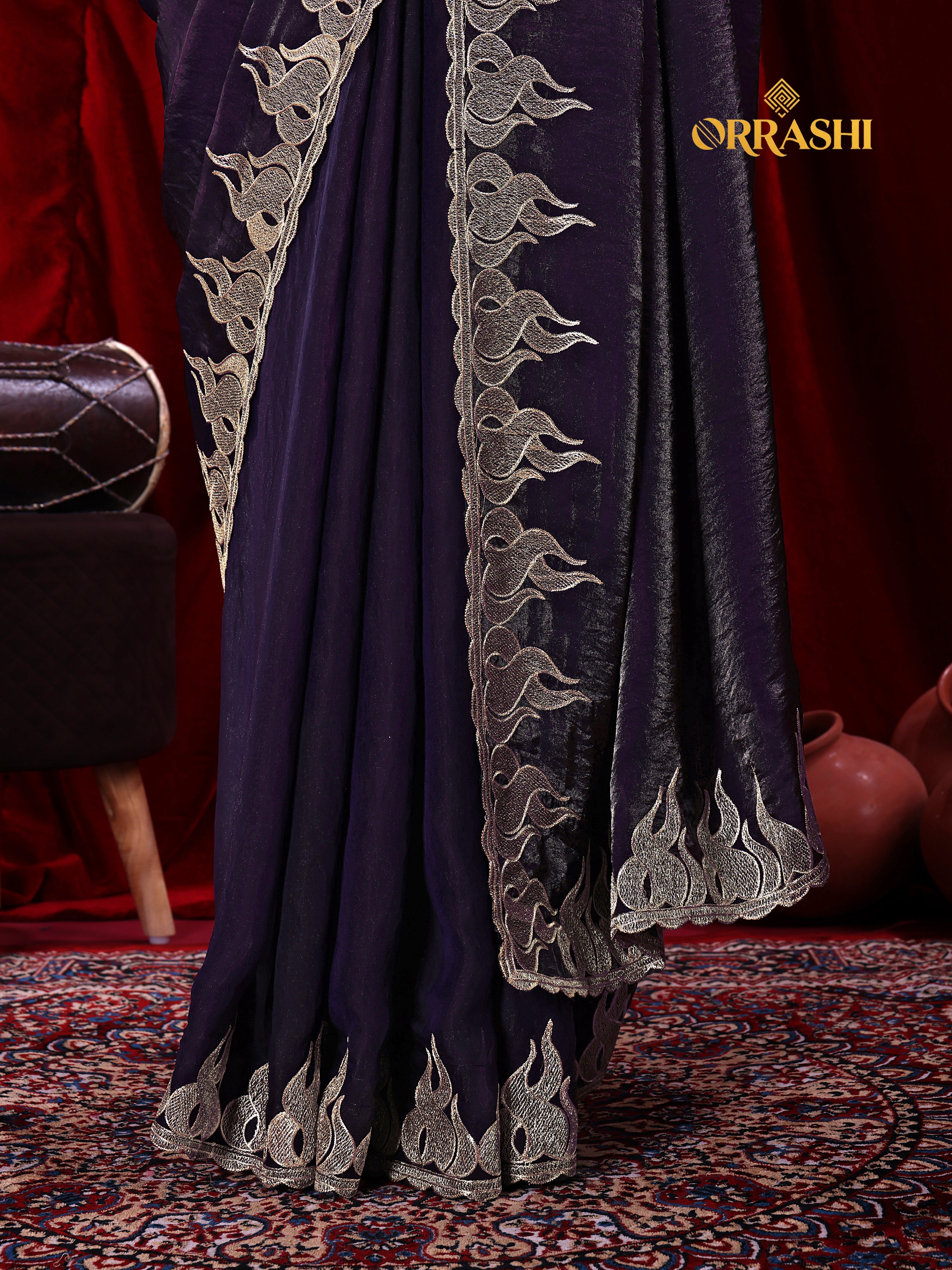 FIRE EMBROIDERIED WORK FENDY SATIN SILK