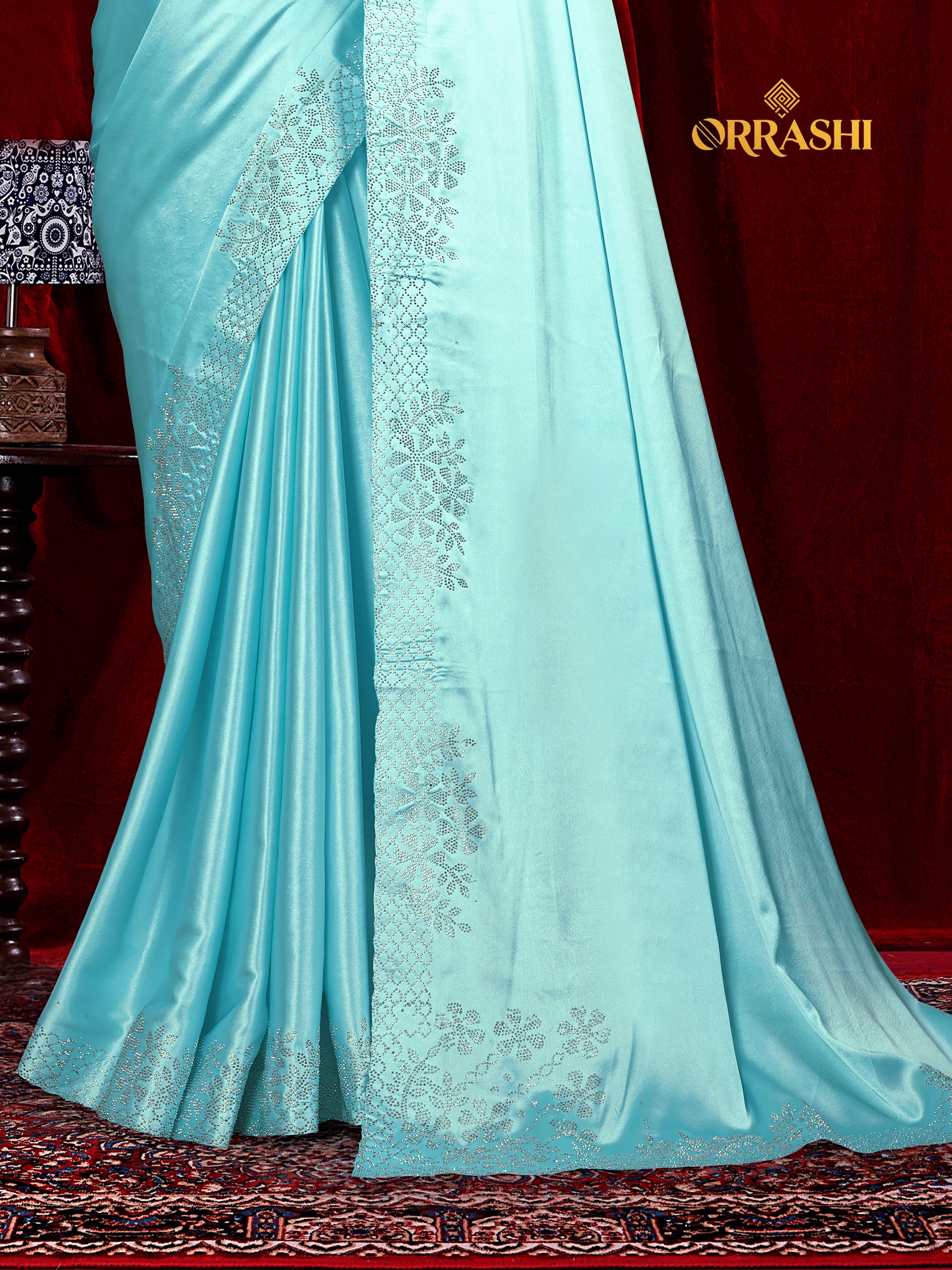 MULTI FLOWER SIROSKI WORK JAPAN SATIN SILK SAREE