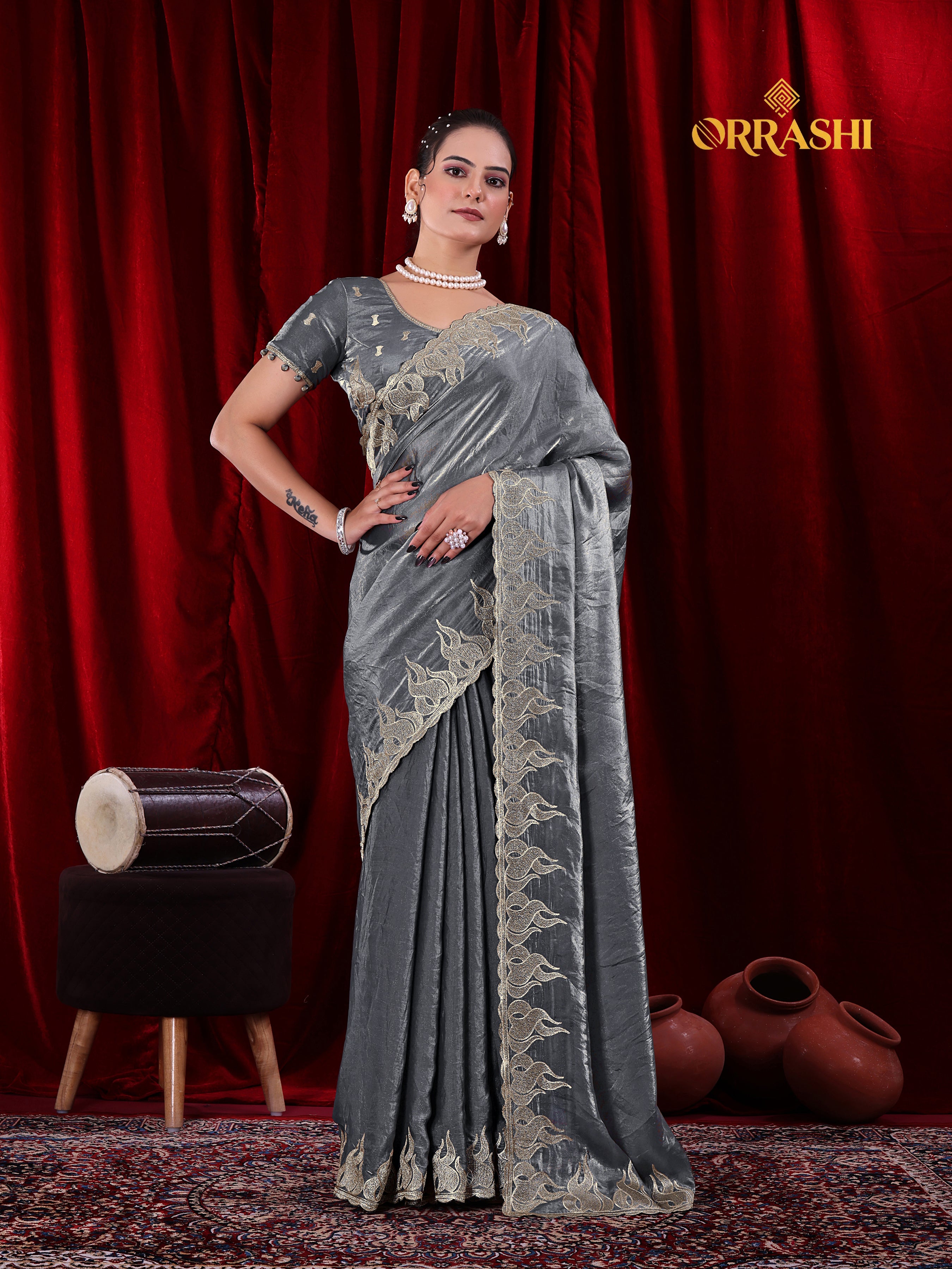 FIRE EMBROIDERIED WORK FENDY SATIN SILK