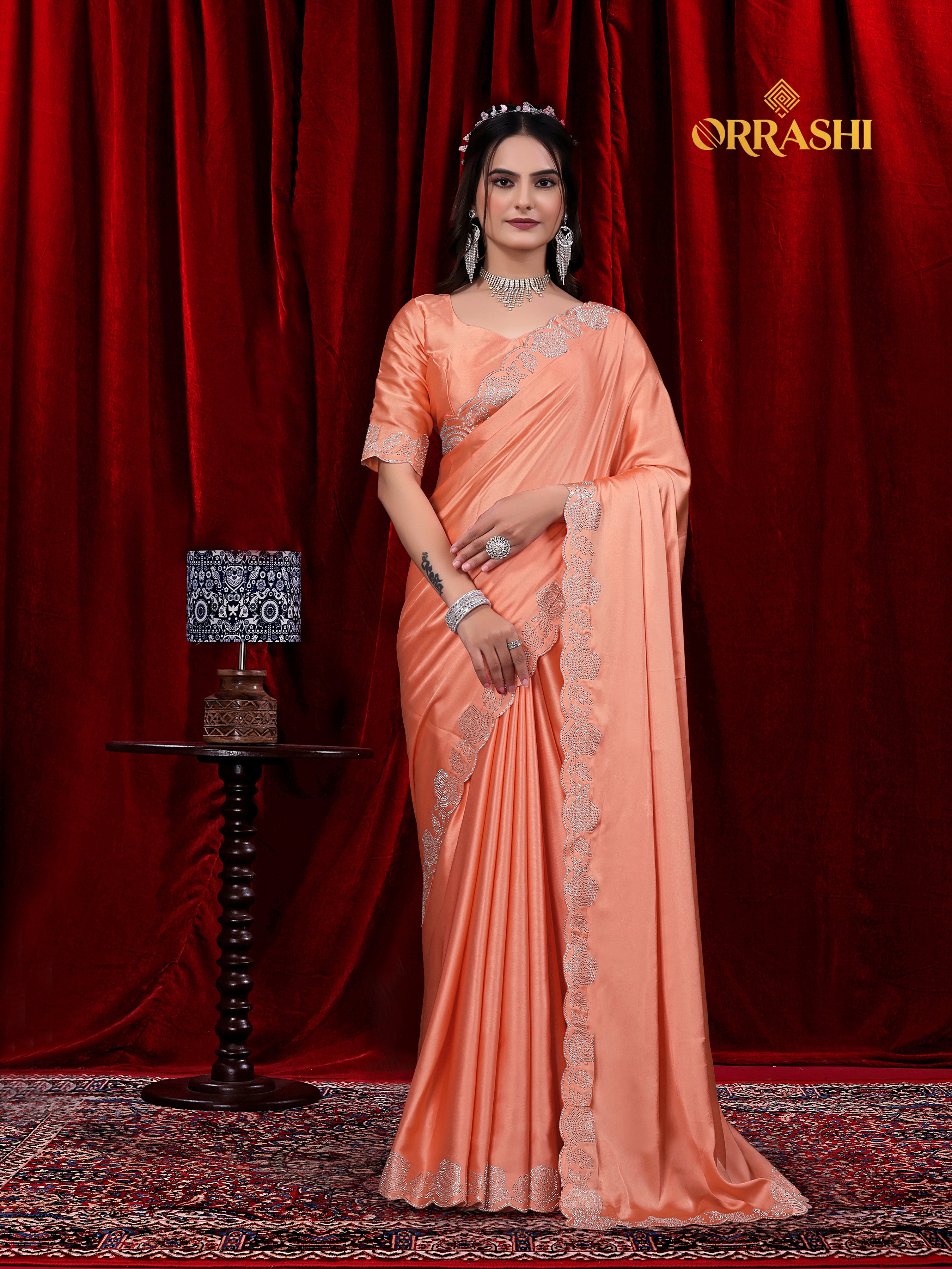 MULTI FLOWER SIROSKI WORK JAPAN SATIN SILK SAREE