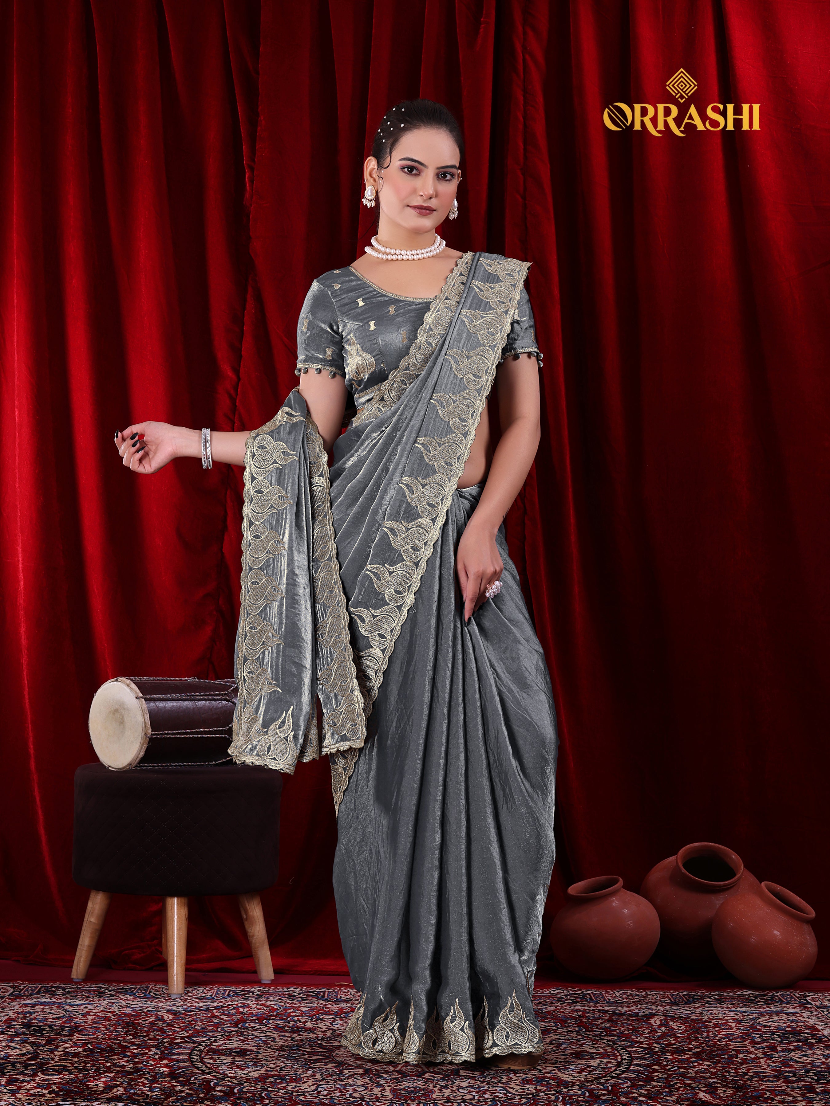 FIRE EMBROIDERIED WORK FENDY SATIN SILK