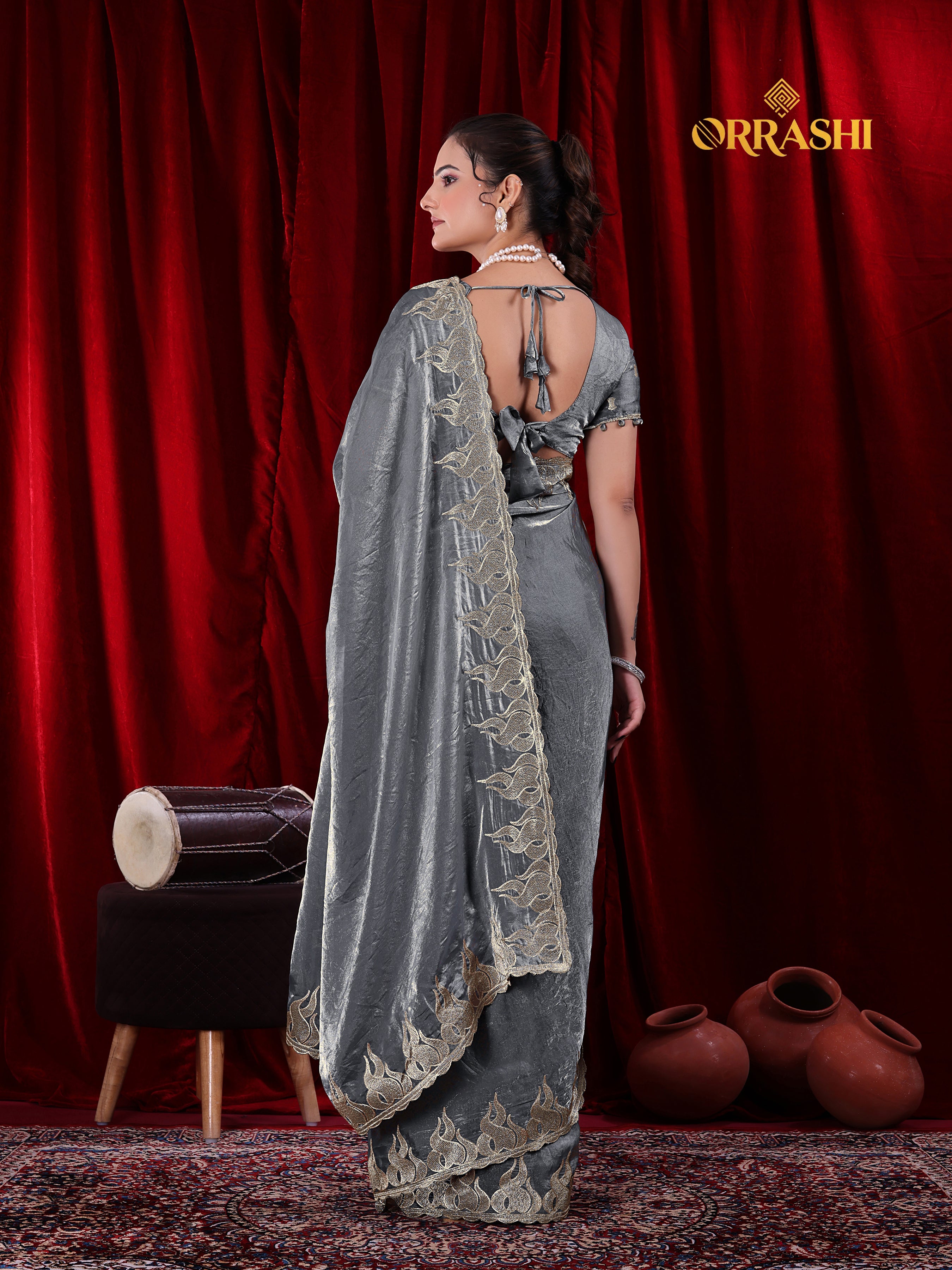 FIRE EMBROIDERIED WORK FENDY SATIN SILK