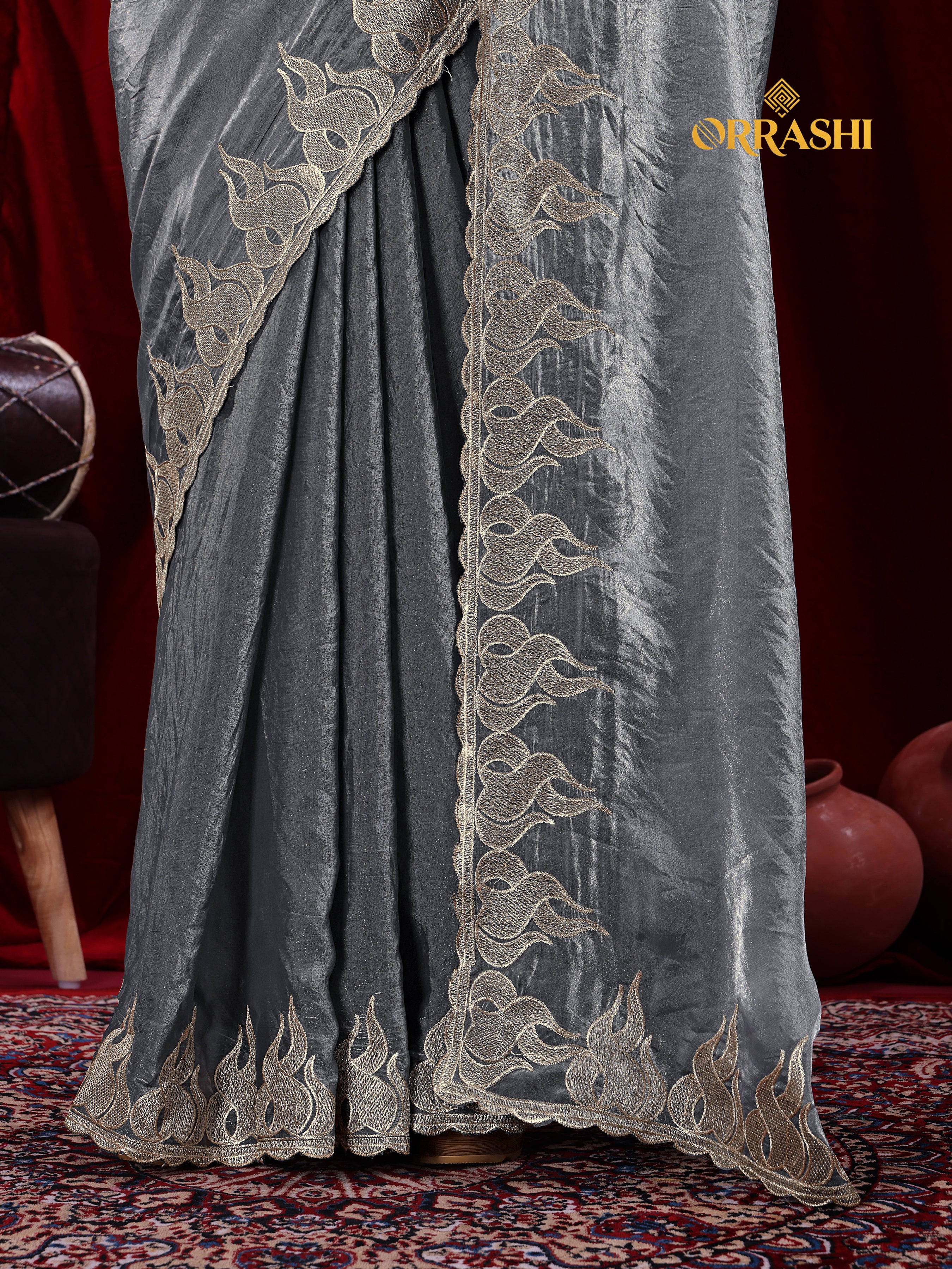 FIRE EMBROIDERIED WORK FENDY SATIN SILK