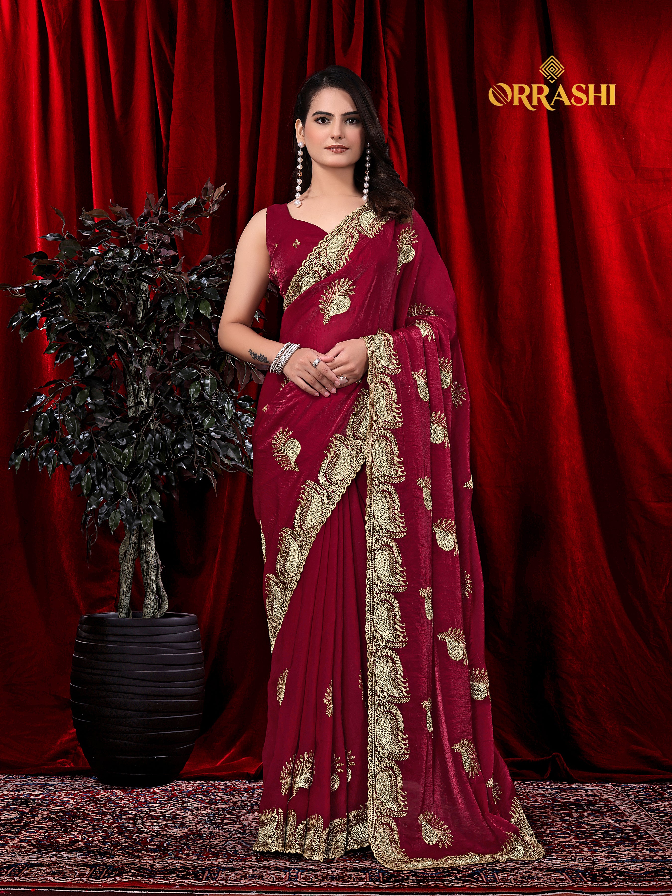 MORPANKH EMBROIDERIED WITH JARKAN WORK FENDY SATIN SILK SAREE