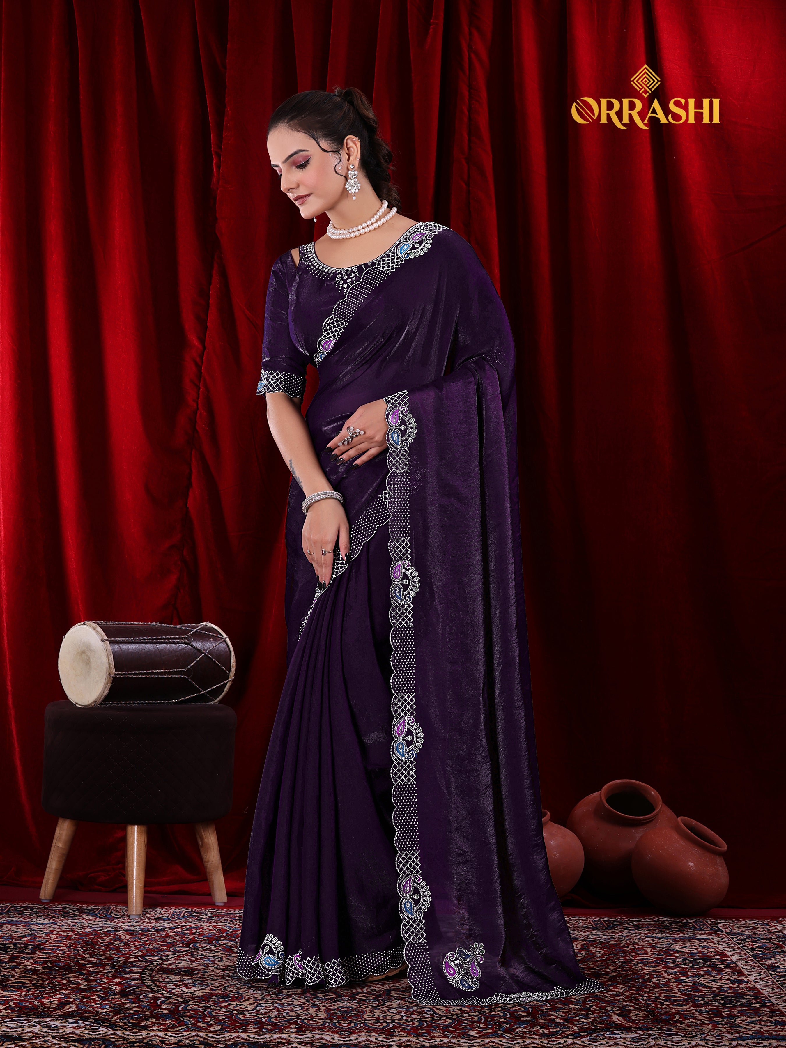 MULTI SIROSKI WORK SATIN SILK SAREE