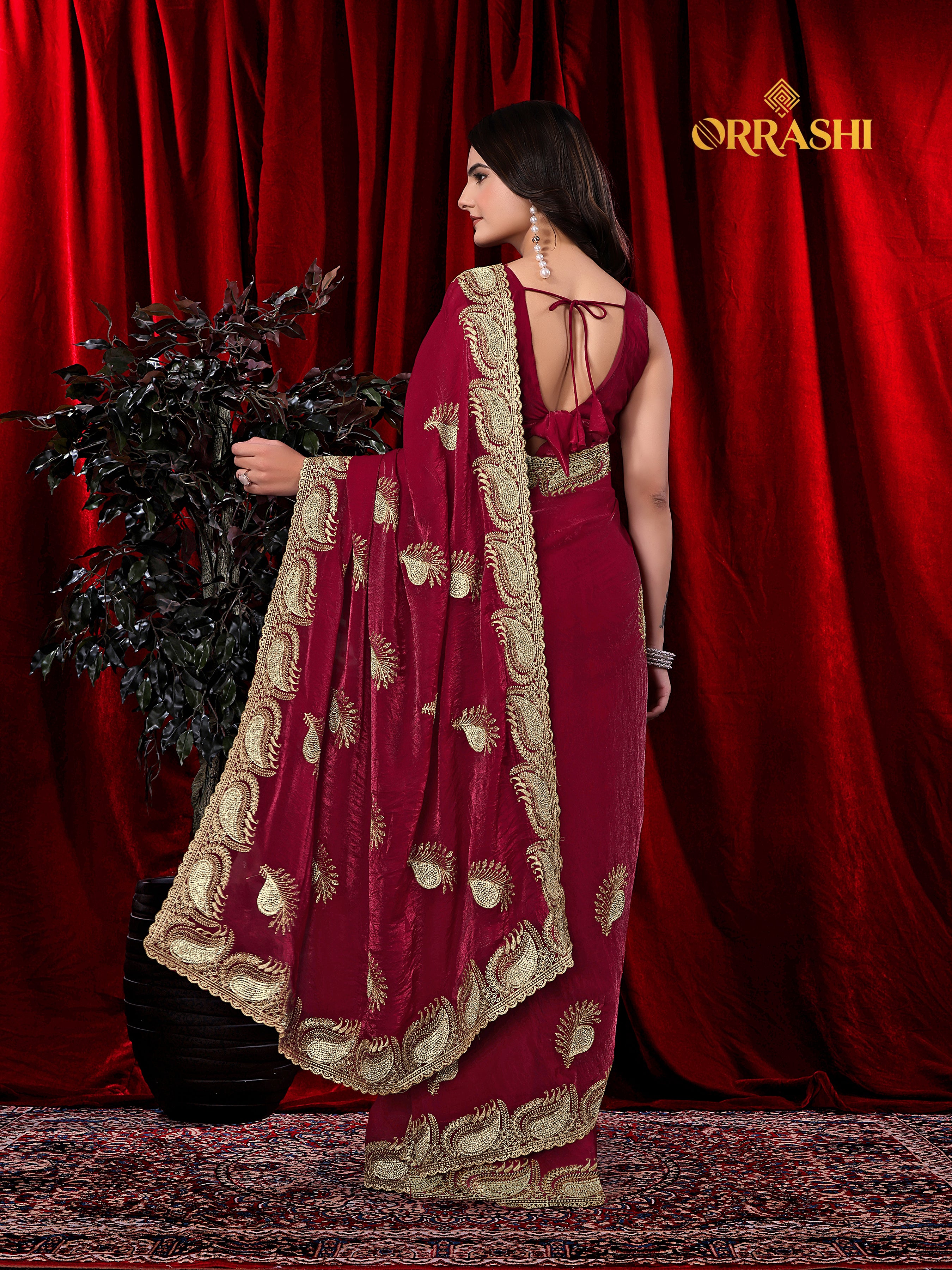 MORPANKH EMBROIDERIED WITH JARKAN WORK FENDY SATIN SILK SAREE