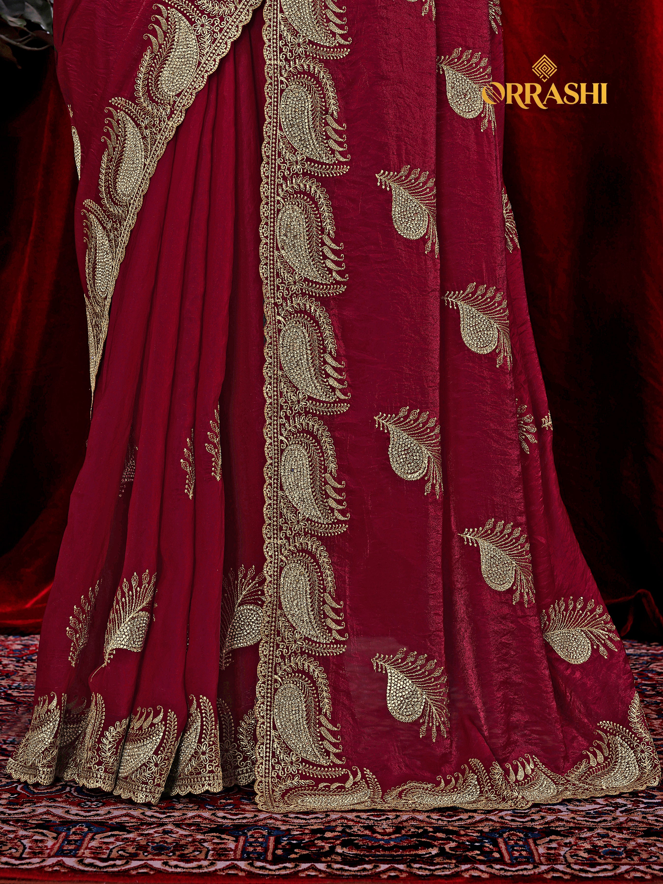 MORPANKH EMBROIDERIED WITH JARKAN WORK FENDY SATIN SILK SAREE