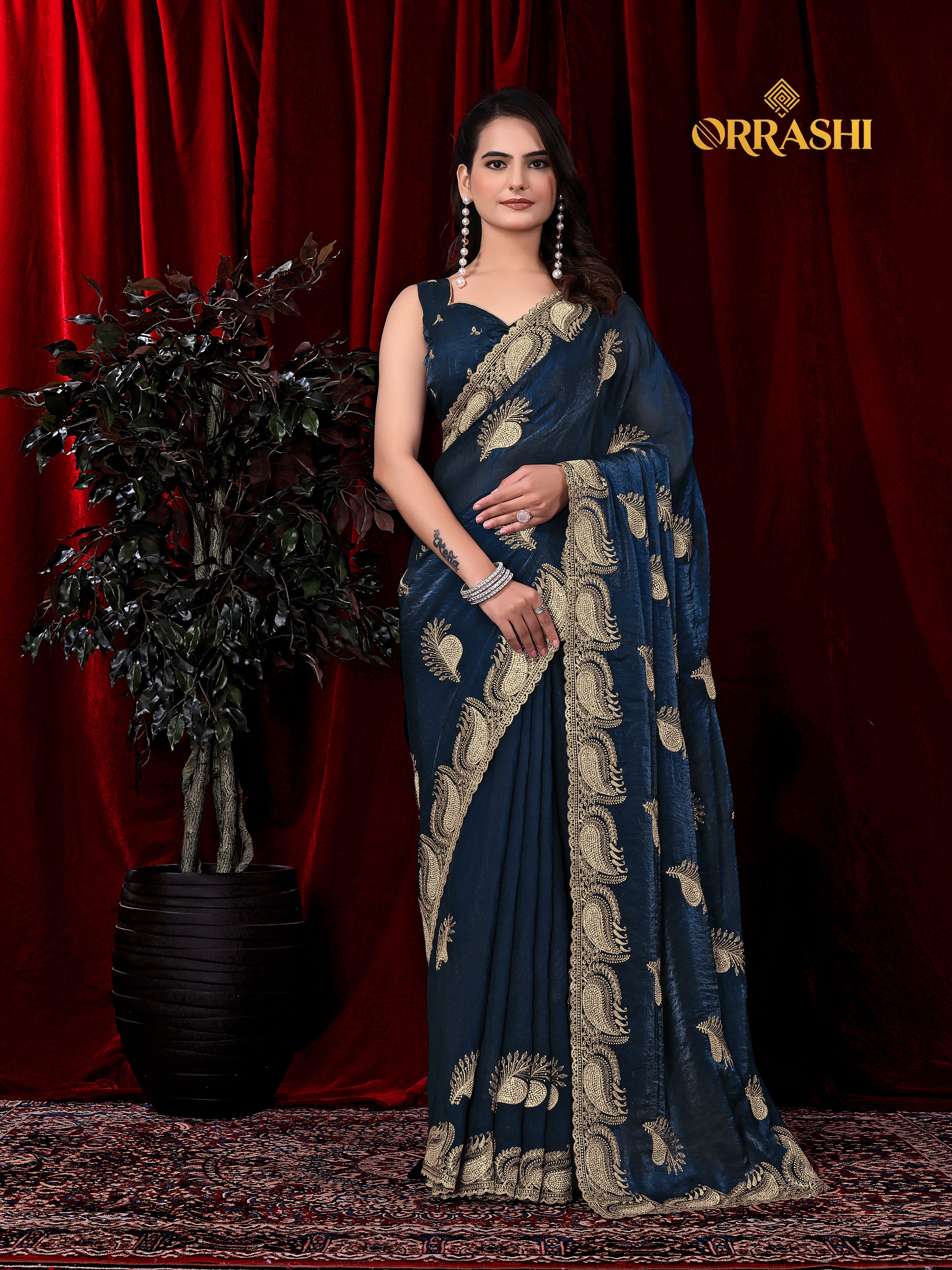 MORPANKH EMBROIDERIED WITH JARKAN WORK FENDY SATIN SILK SAREE