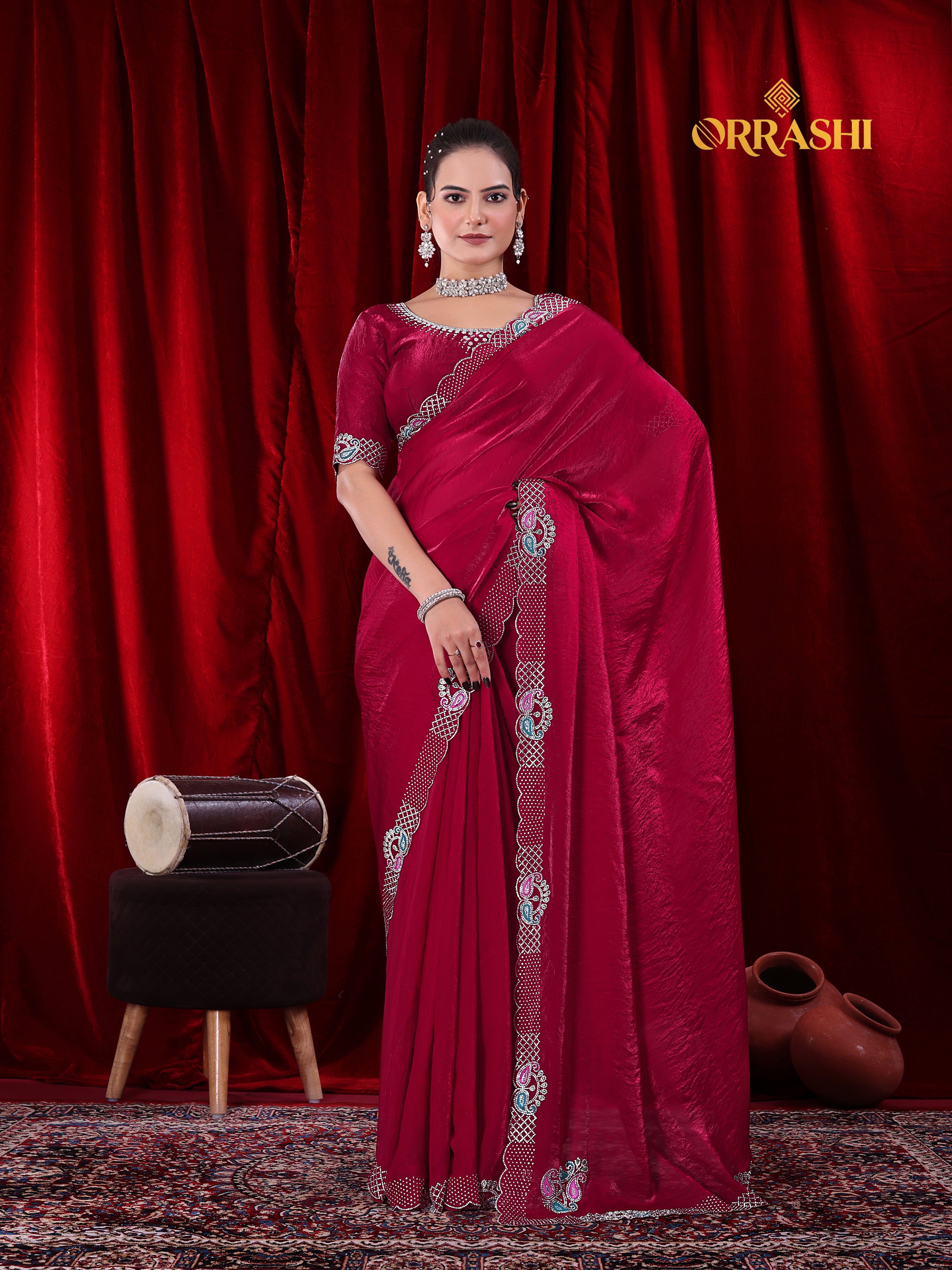MANGO JARKAN WORK FENDY SATIN SILK SAREE